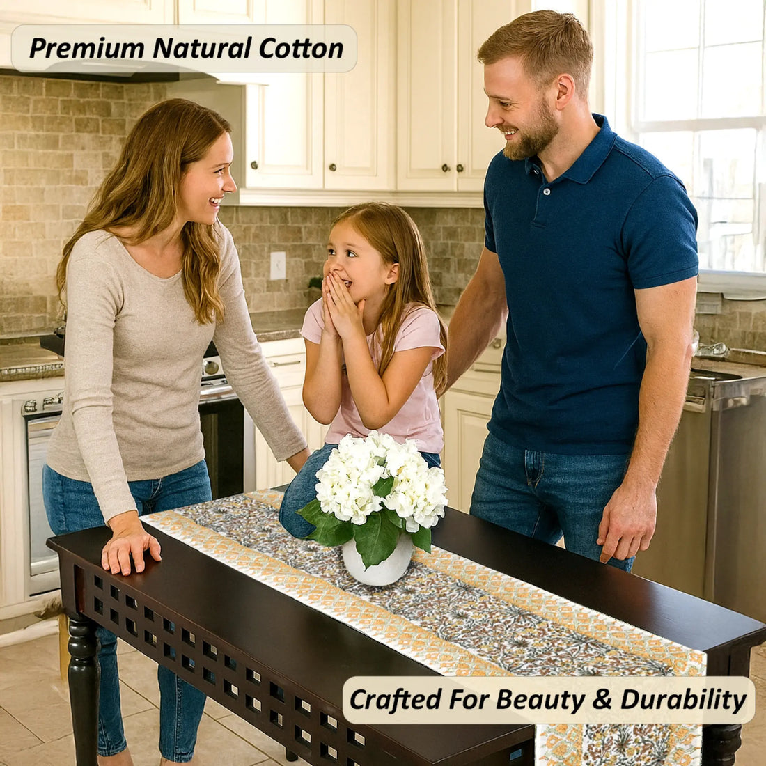 Family in a kitchen with a table runner featuring premium natural cotton.