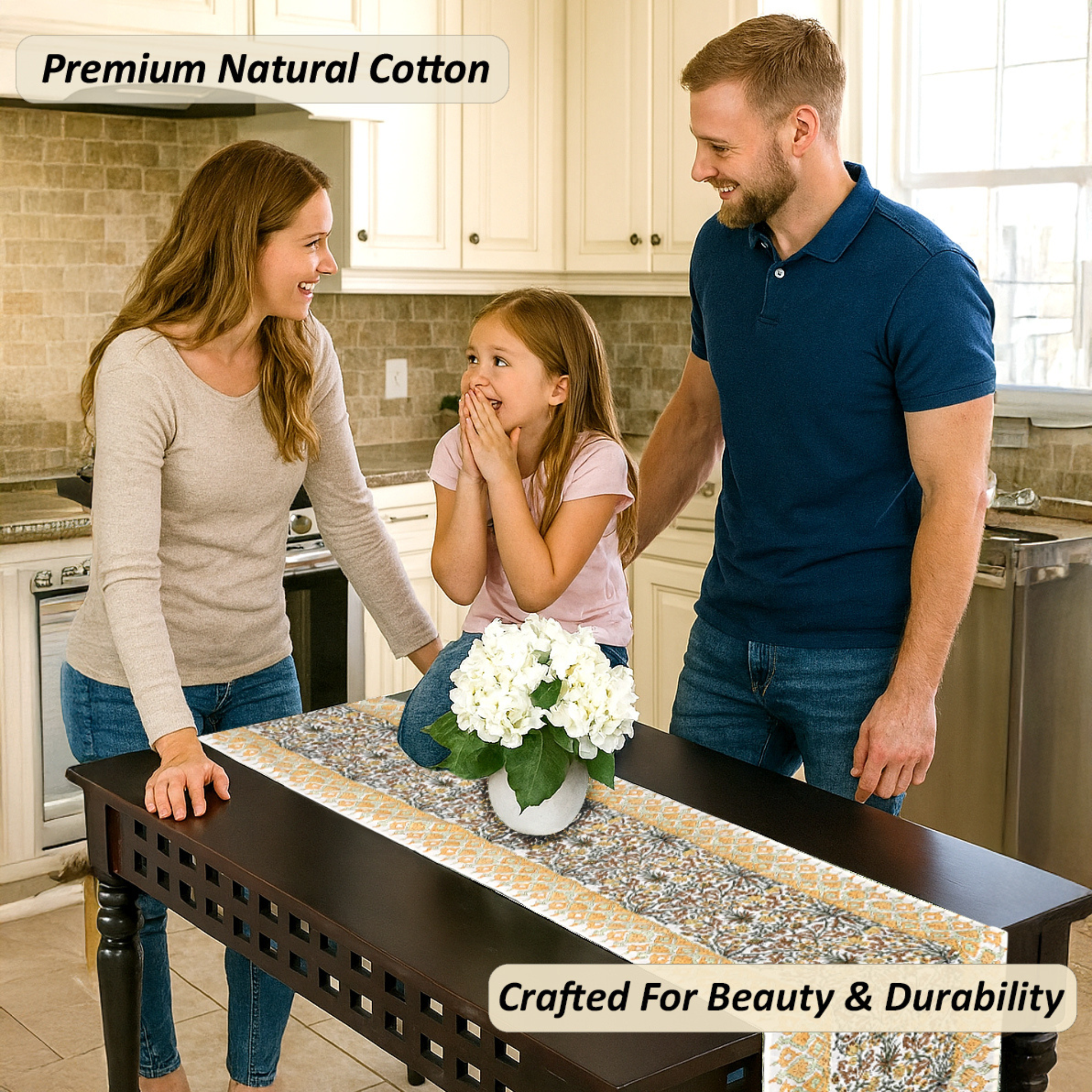 Family in a kitchen with a table runner featuring premium natural cotton.