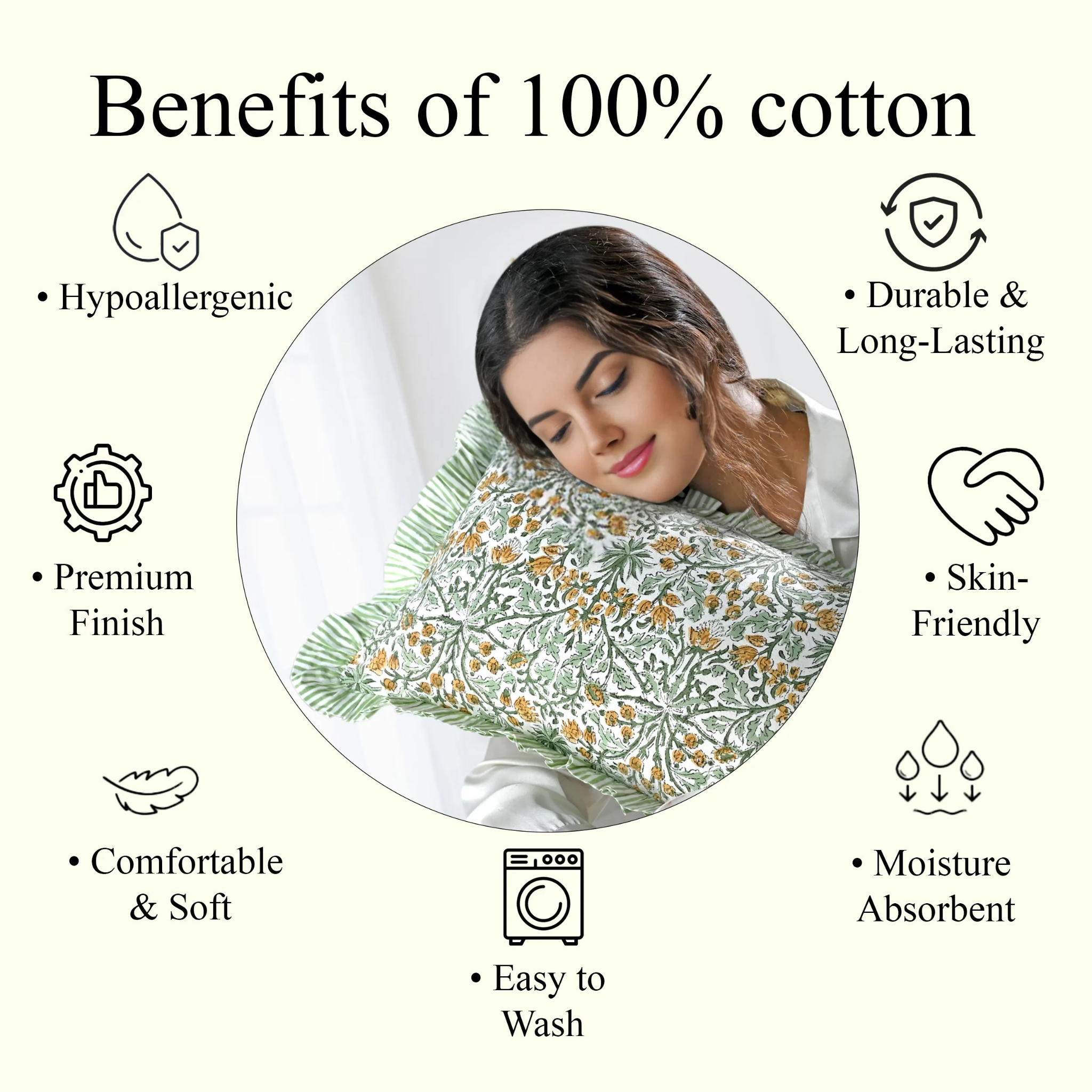 Woman holding a floral pillow with text listing benefits of 100% cotton.