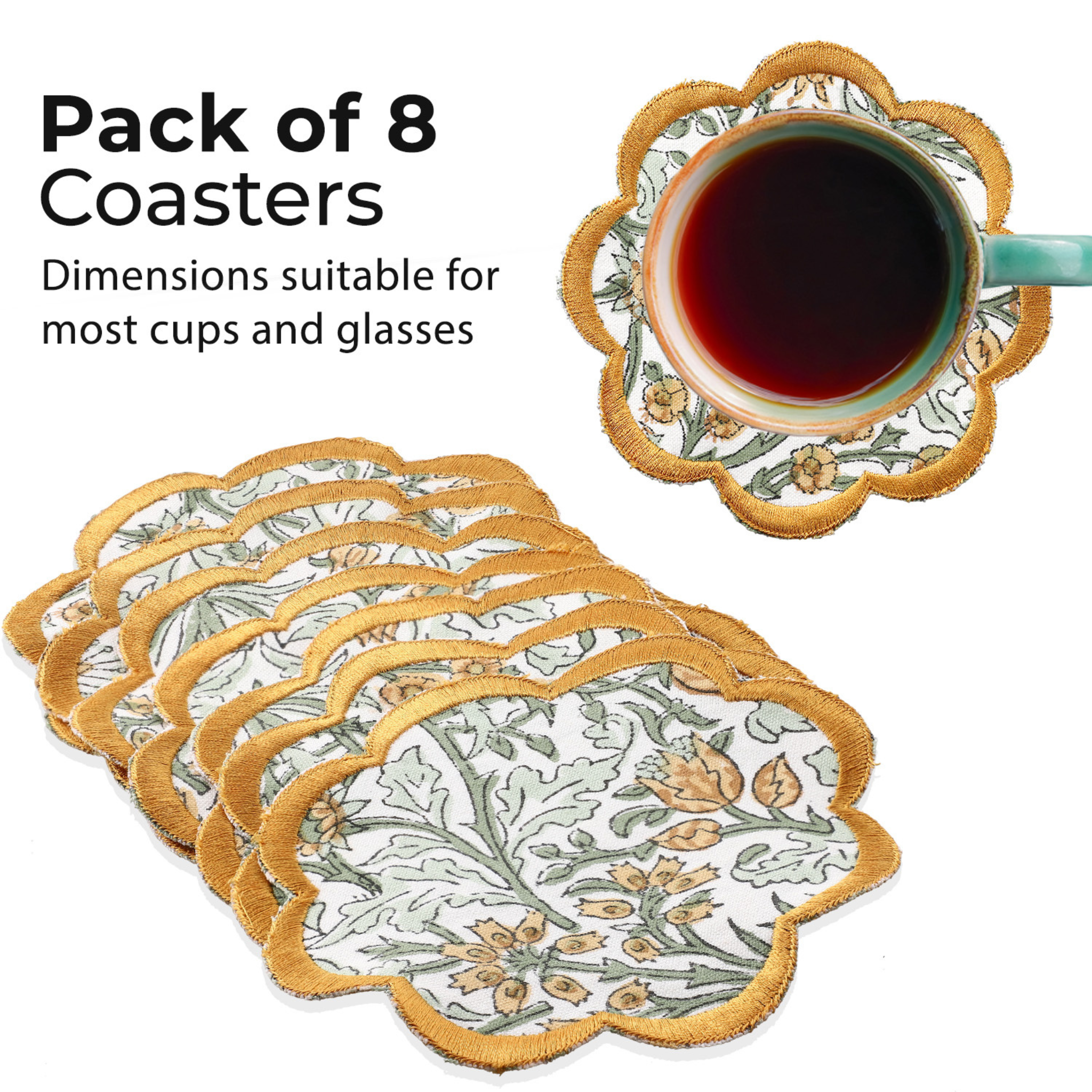 Pack of 8 floral coasters with a cup of tea on a white background