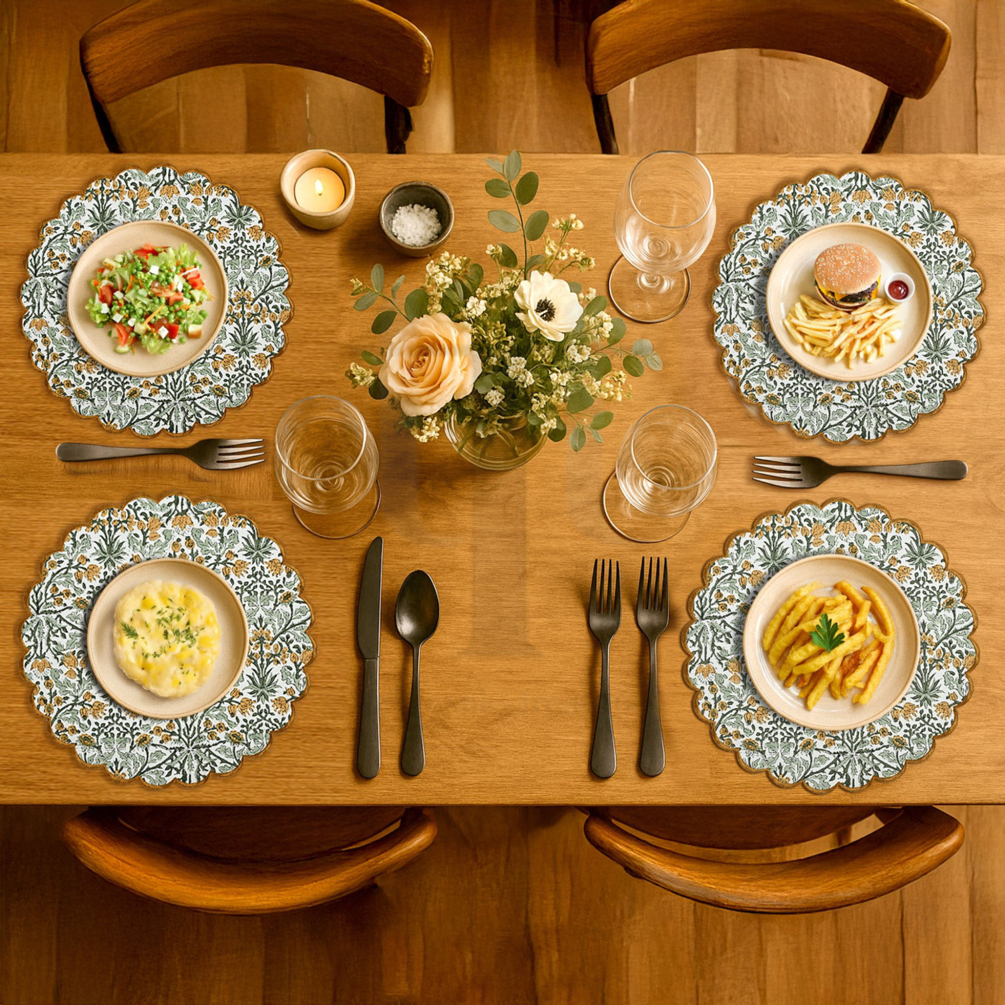 Dining table set with plates, cutlery, and a floral centerpiece.