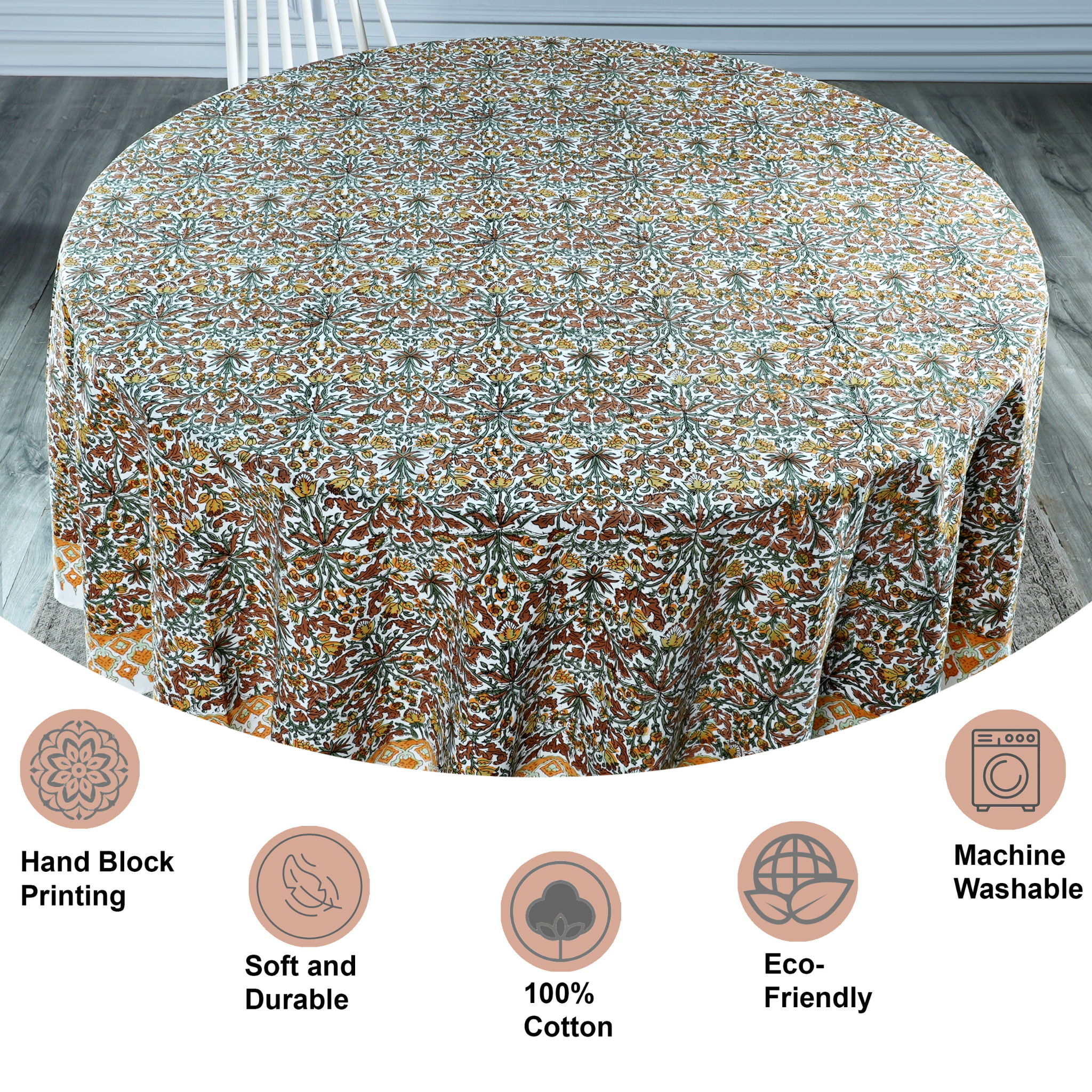 Round floral tablecloth on a wooden table with features listed below.