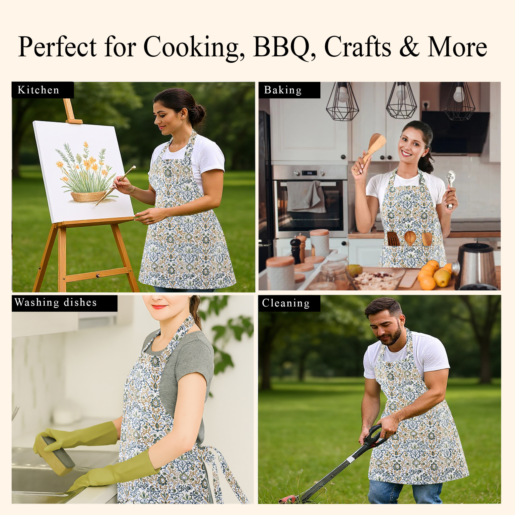 Collage of people wearing aprons in various activities with text 'Perfect for Cooking, BBQ, Crafts & More'.