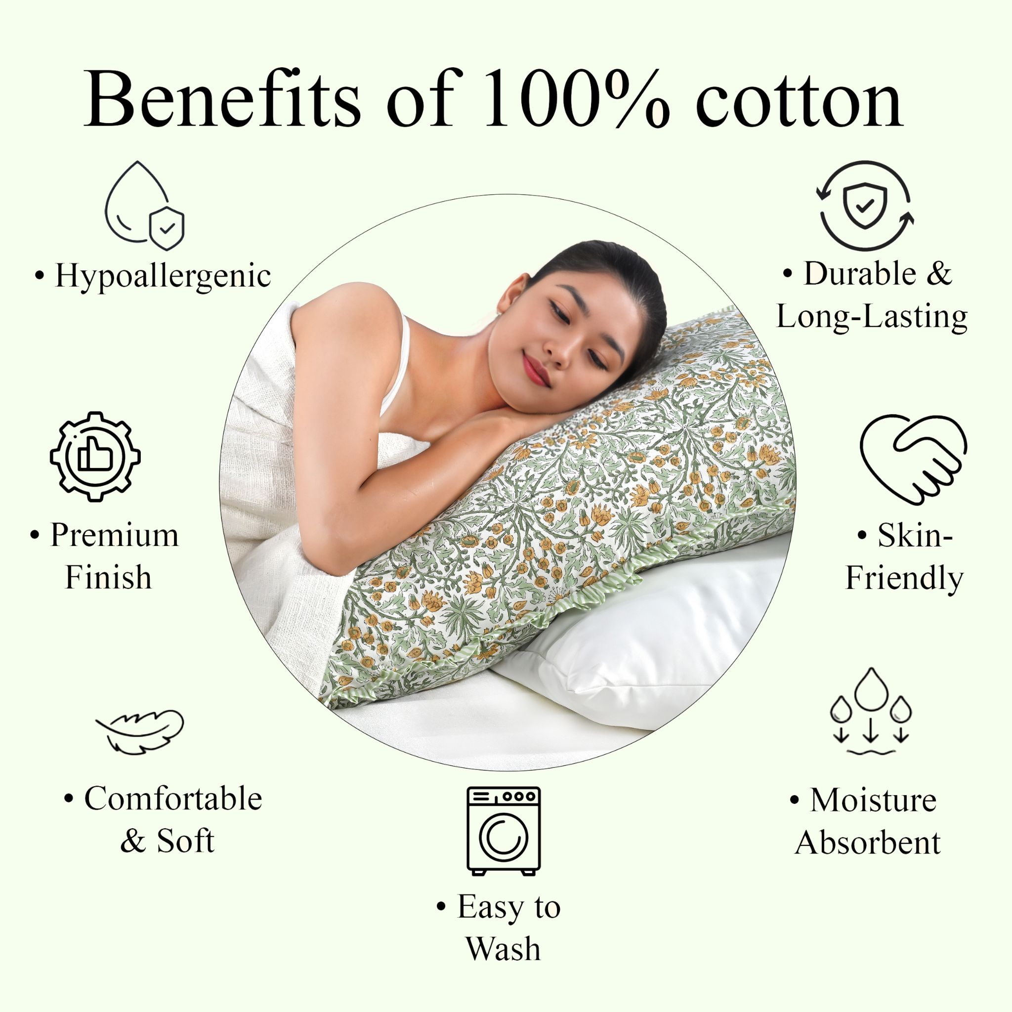 Benefits of 100% cotton pillow cover: breathable, soft, hypoallergenic, skin-friendly, easy to wash.