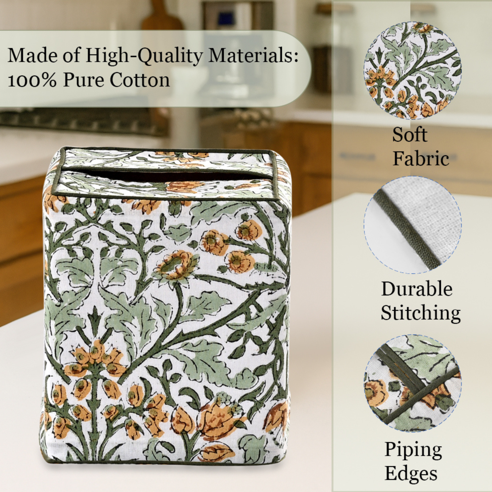 Decorative tissue holder with floral pattern on a kitchen counter, featuring text about material quality.