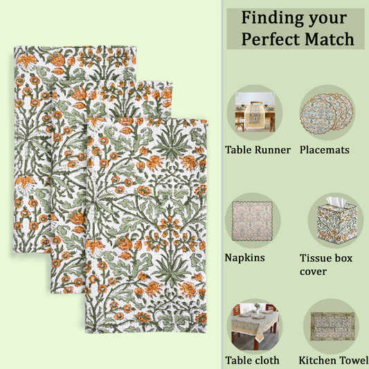 Set of floral table runner, placemats, napkins, tissue box cover, tablecloth, and kitchen towels on a green background with product images.