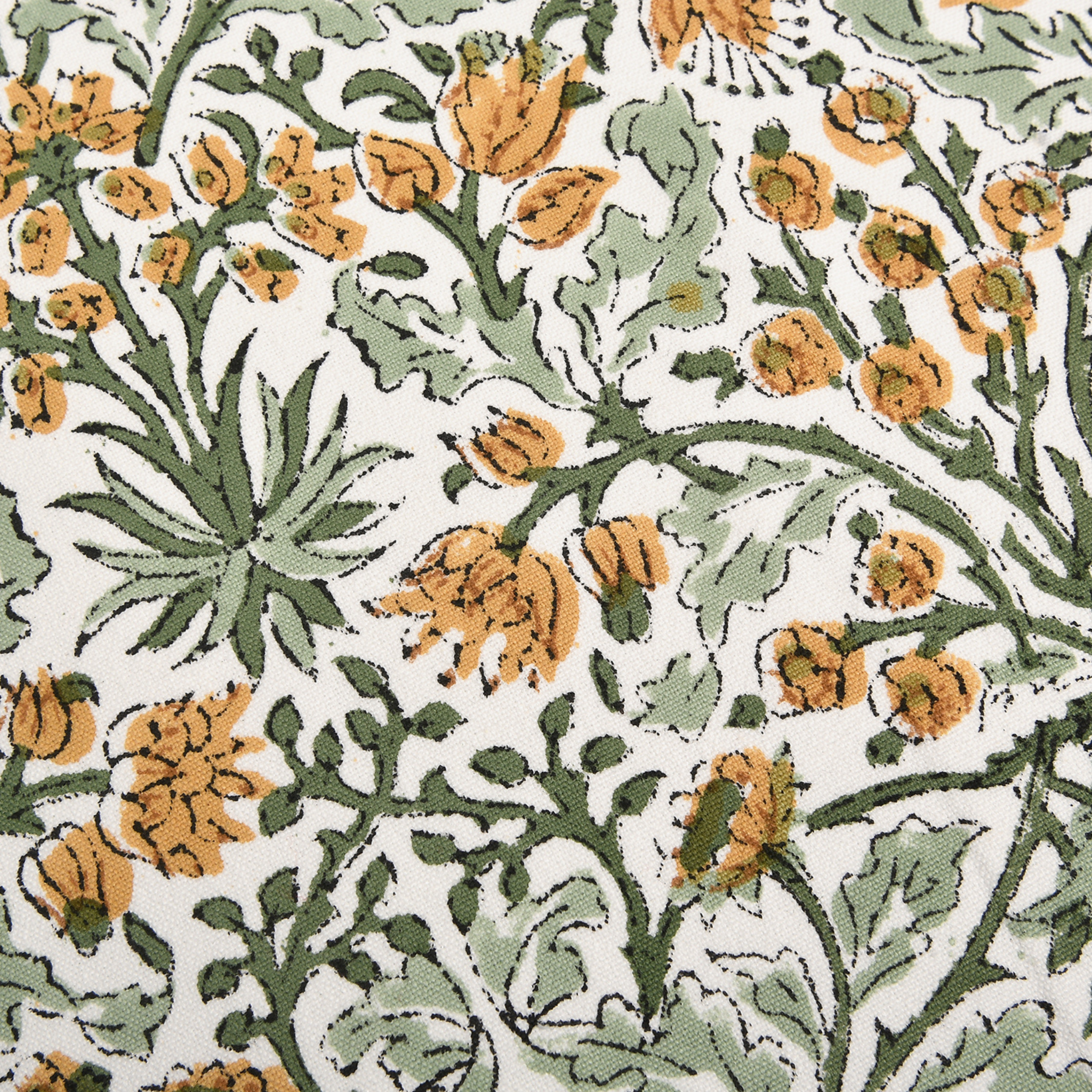 Floral pattern with orange flowers and green leaves on a white background