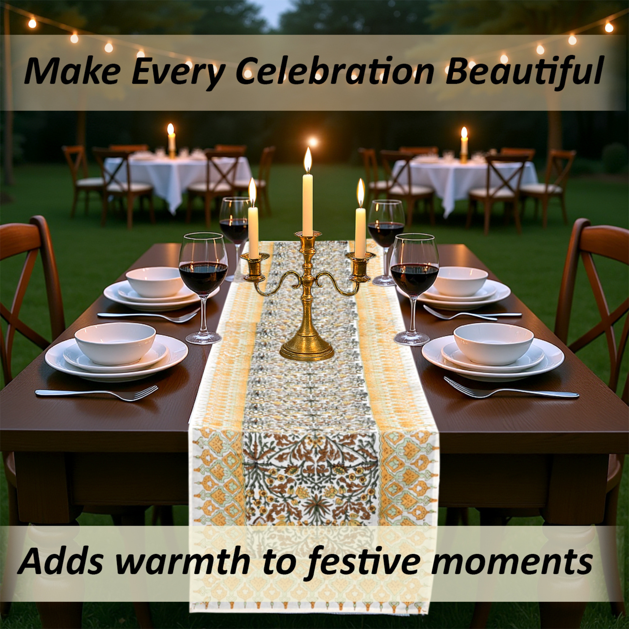 Dining table set for a celebration with candles and a decorative table runner, text overlay about making celebrations beautiful.