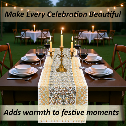 Dining table set for a celebration with candles and a decorative table runner, text overlay about making celebrations beautiful.