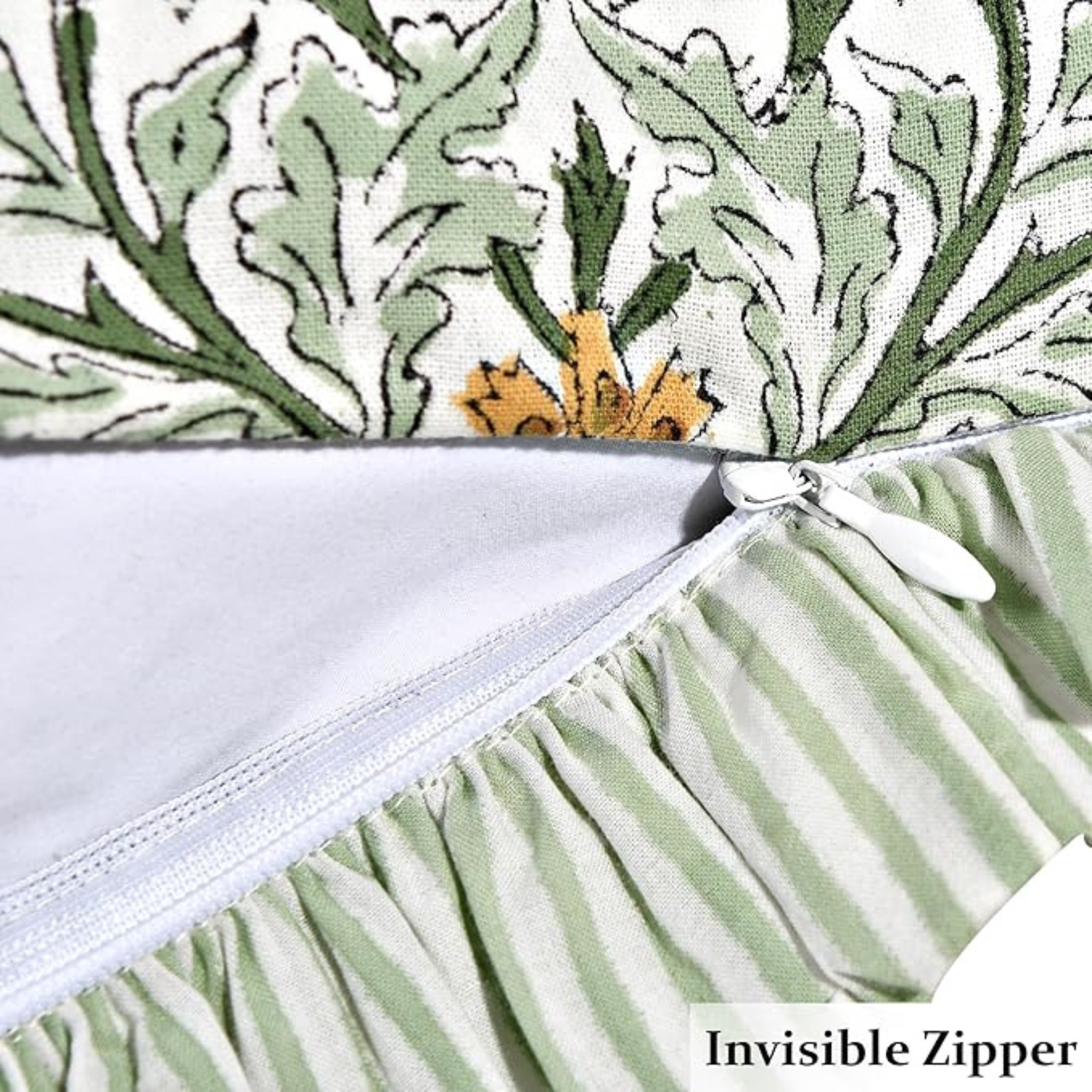 Close-up of a fabric with green floral pattern and white zipper, labeled 'Invisible Zipper'.