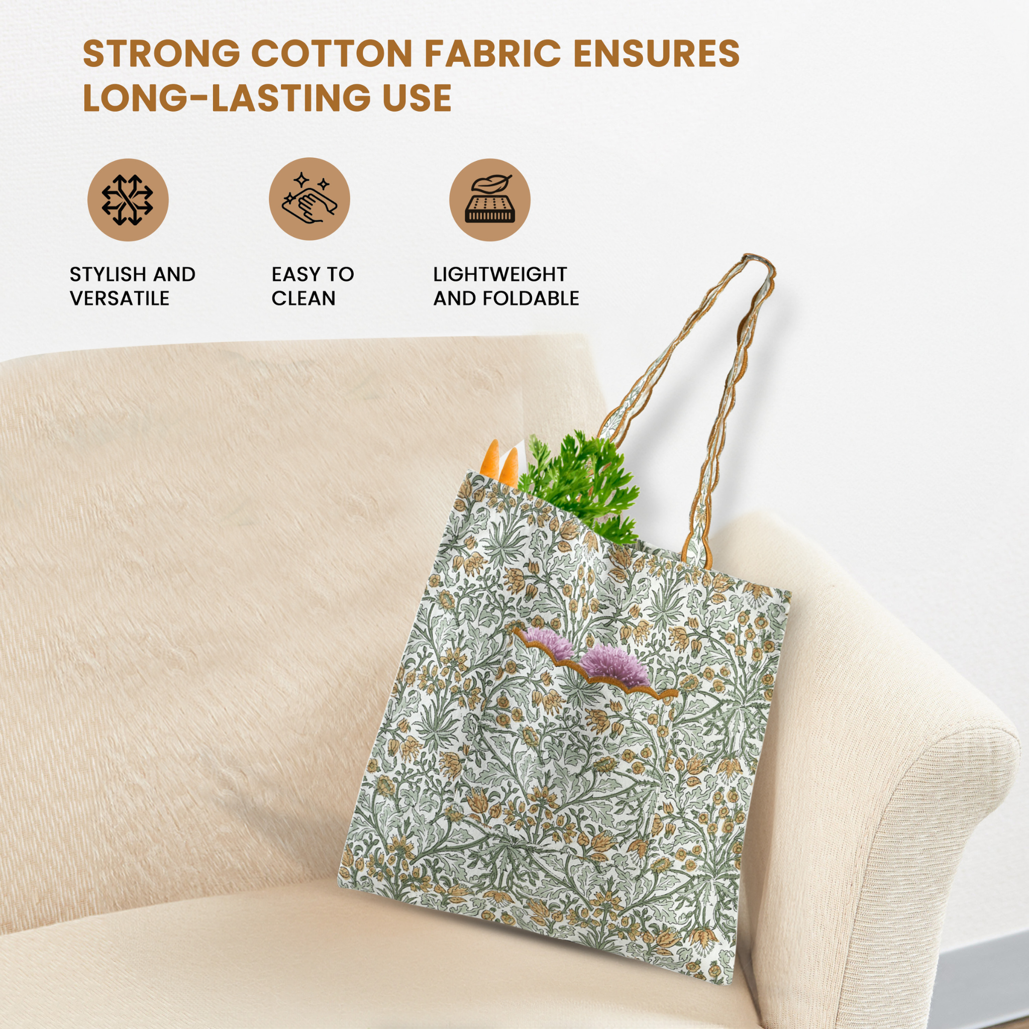 Floral-patterned tote bag on a couch with text about strong cotton fabric.
