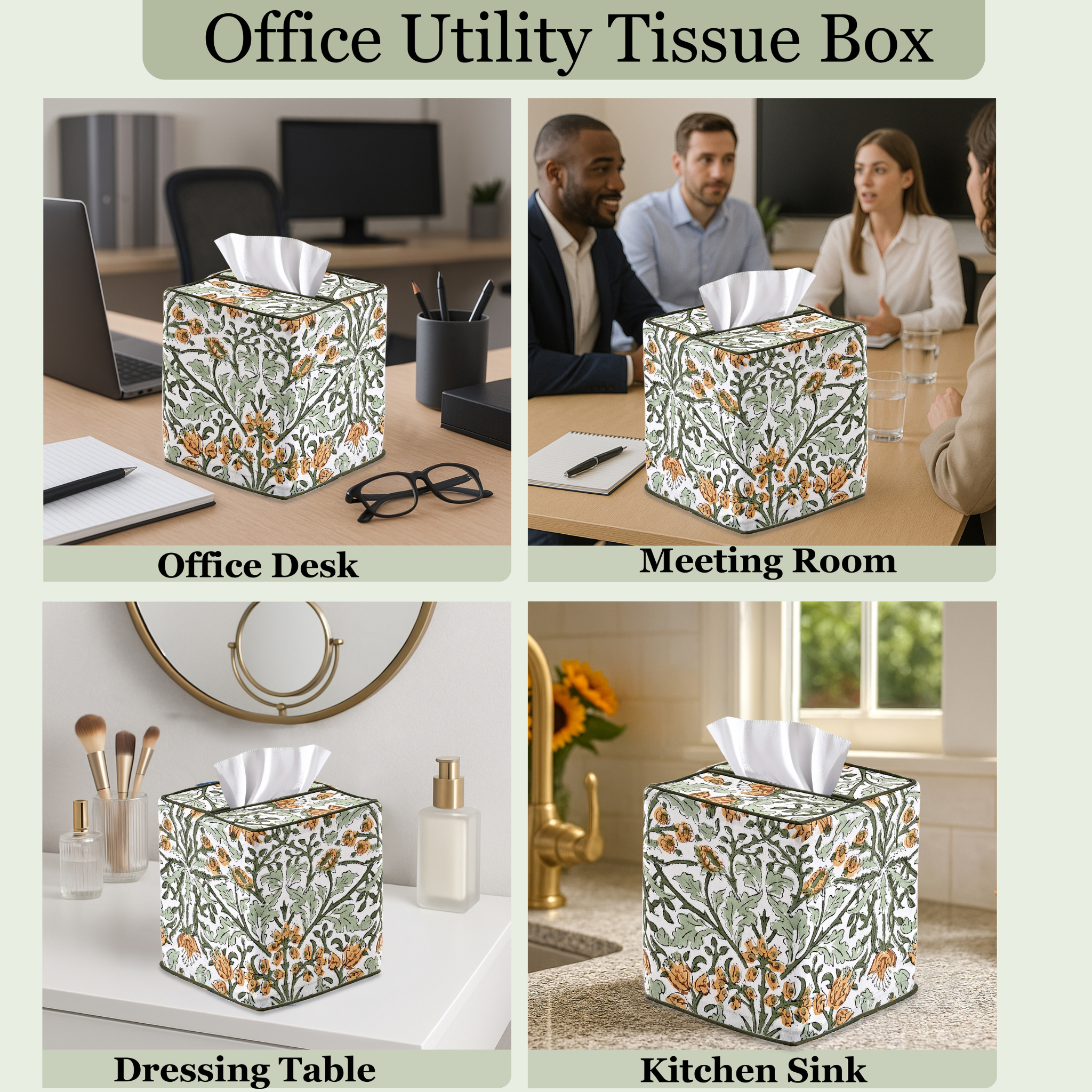 Floral-patterned office utility tissue box in various settings including an office desk, meeting room, dressing table, and kitchen sink.
