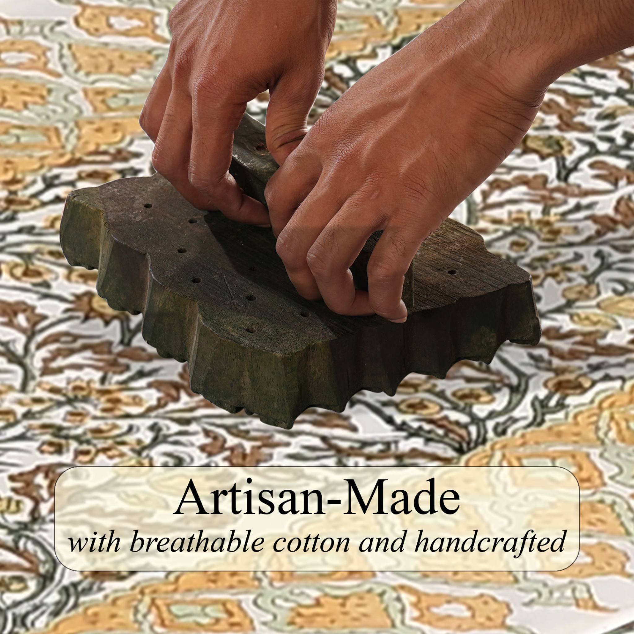 Hands using a wooden tool on fabric with 'Artisan-Made' text overlay