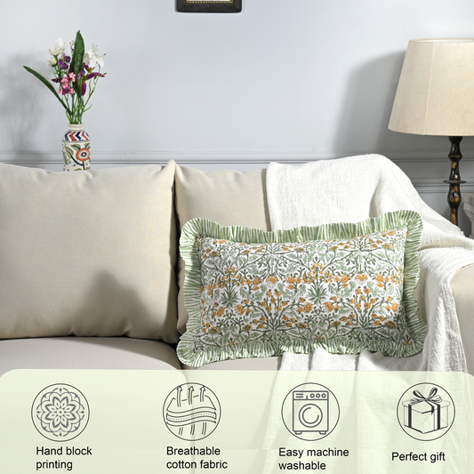 Decorative pillow on a sofa with product features displayed below.