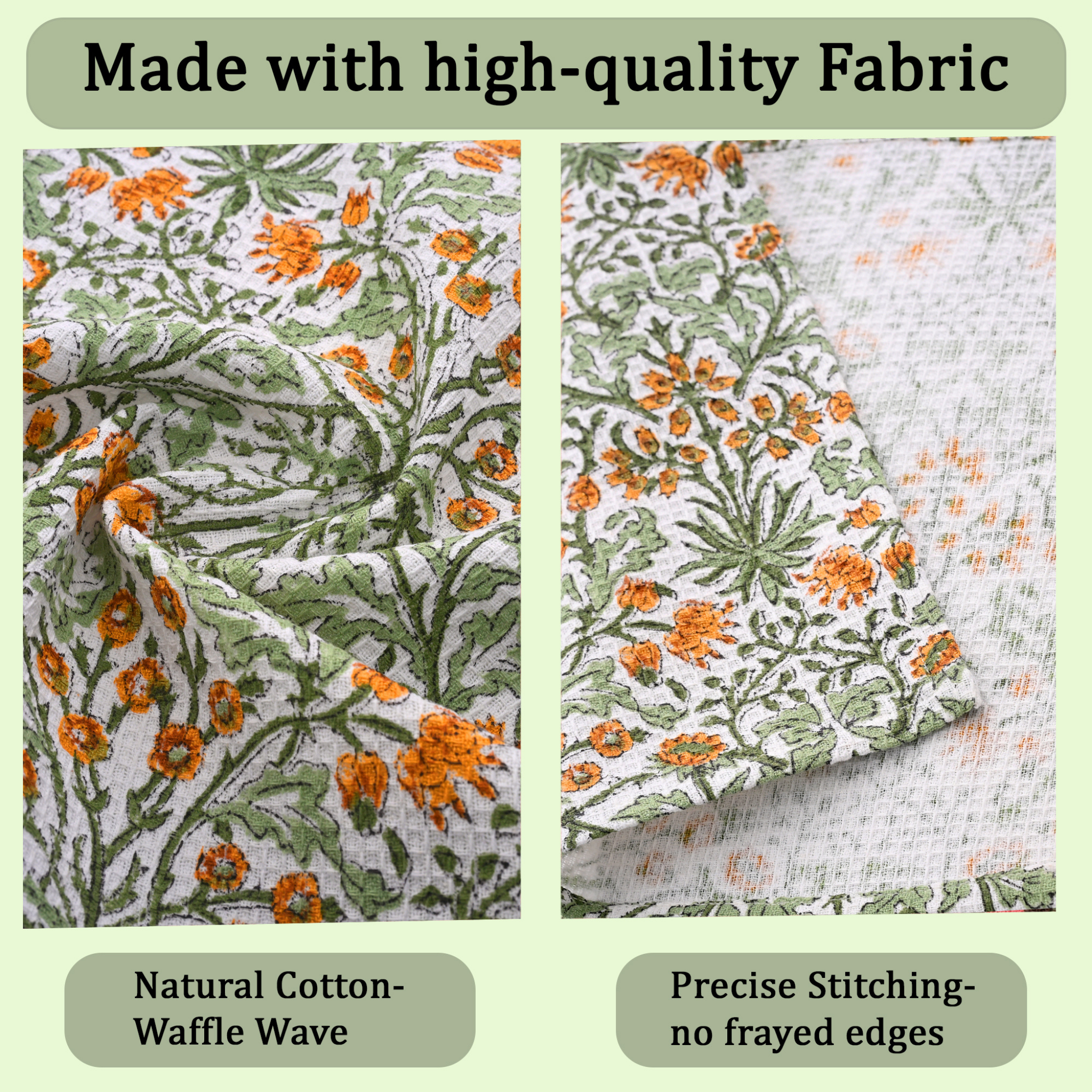 High-quality fabric with floral patterns and text highlighting features.