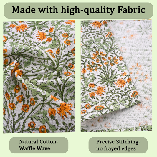 High-quality fabric with floral patterns and text highlighting features.
