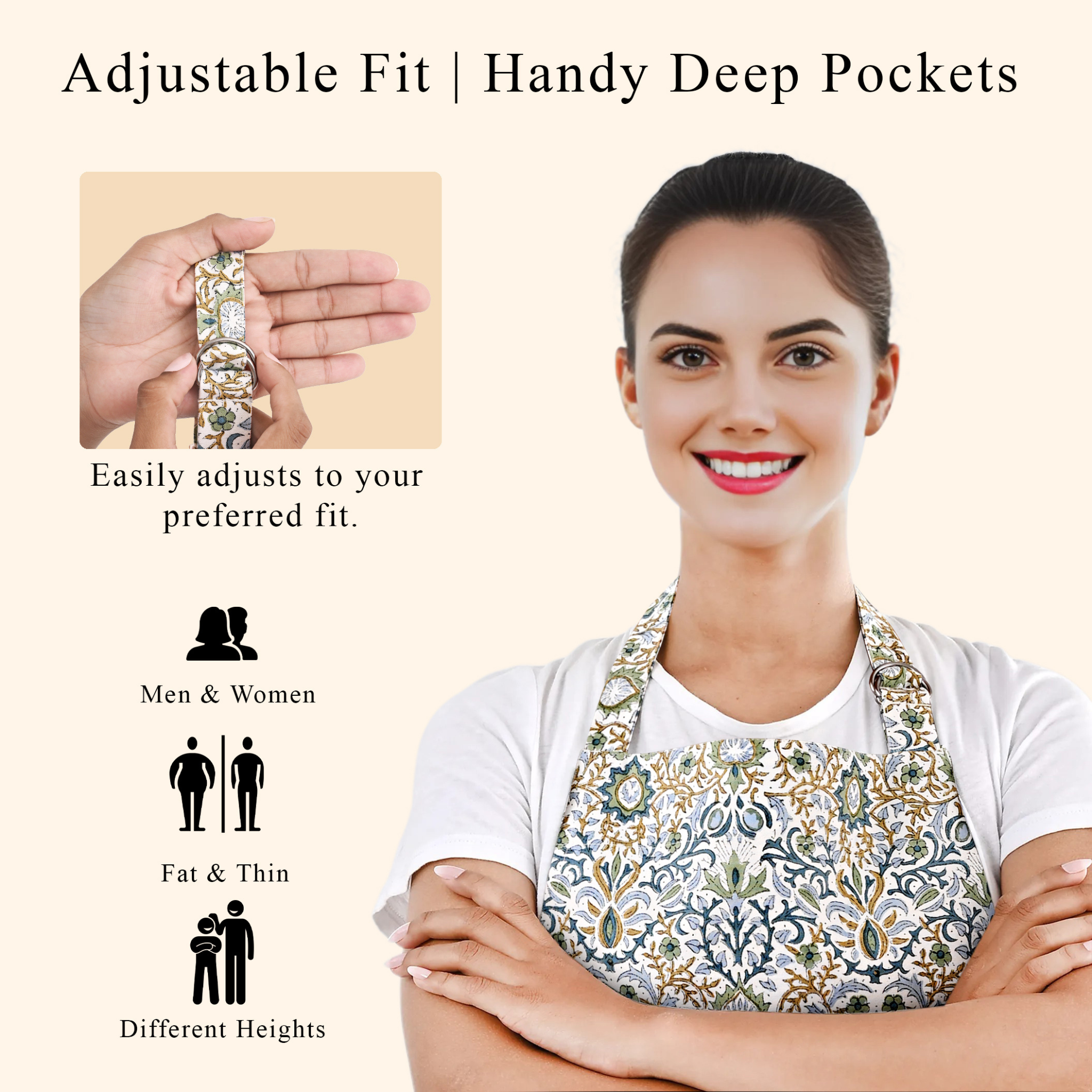 Woman wearing a patterned apron with text highlighting adjustable fit and deep pockets.