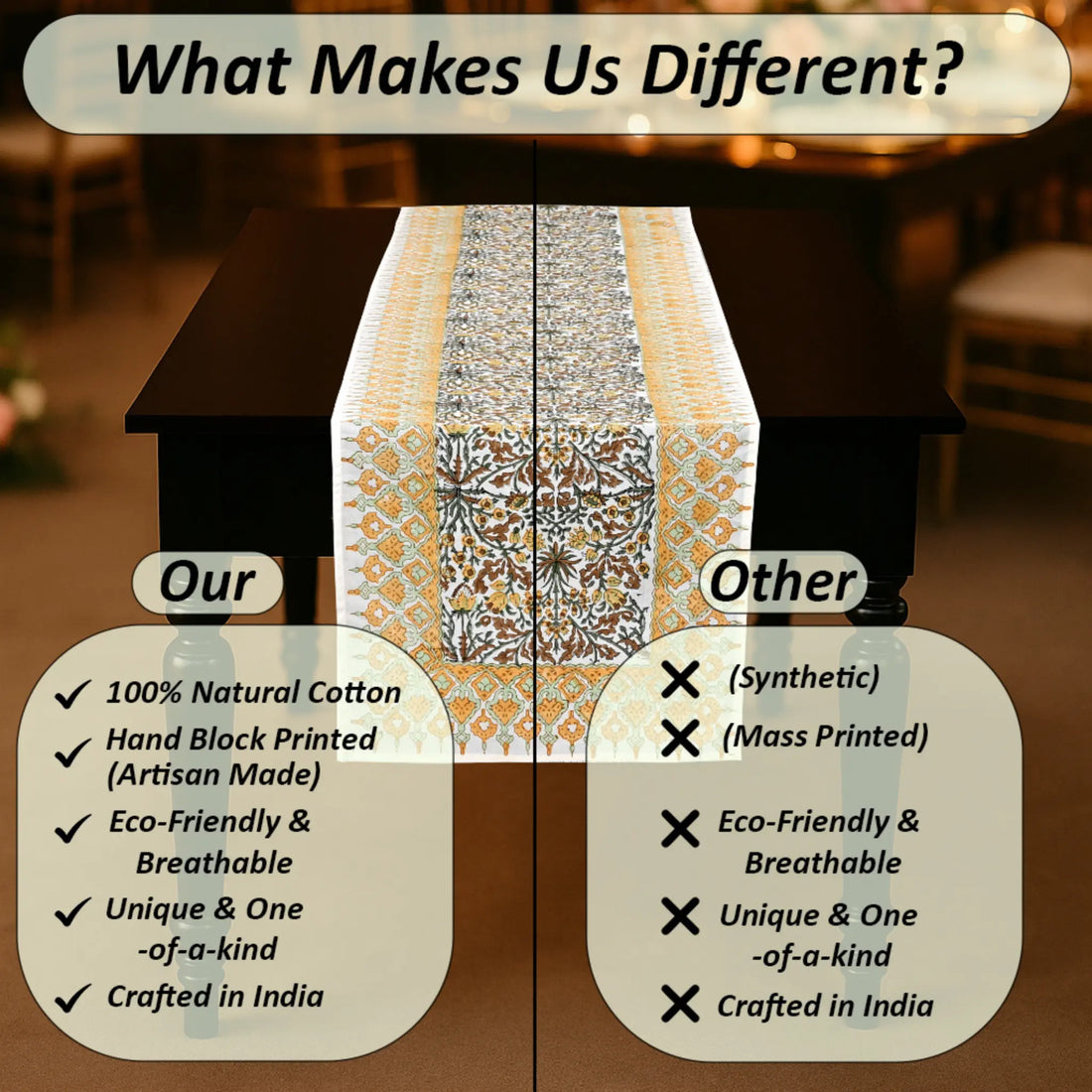 Table runner with decorative patterns and text comparing 'Our' and 'Other' qualities.