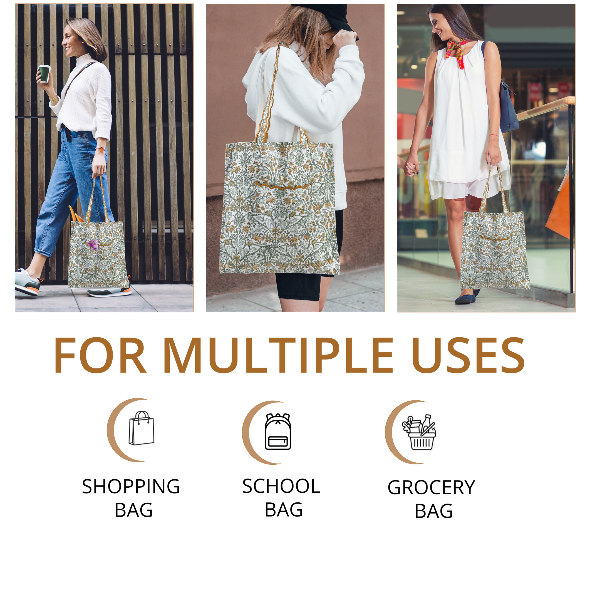 Woman using a floral tote bag in various settings with text 'FOR MULTIPLE USES' and icons for shopping, school, and grocery bags.