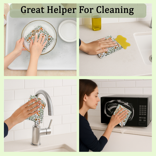 Cleaning product being used on various surfaces with text 'Great Helper For Cleaning'.