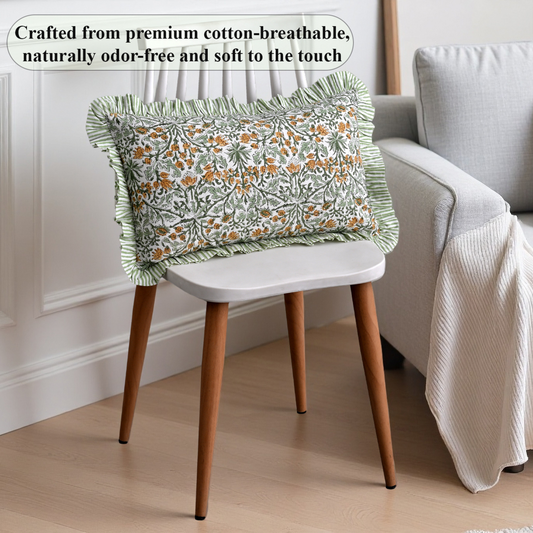 Floral-patterned pillow on a chair with text about material and comfort.