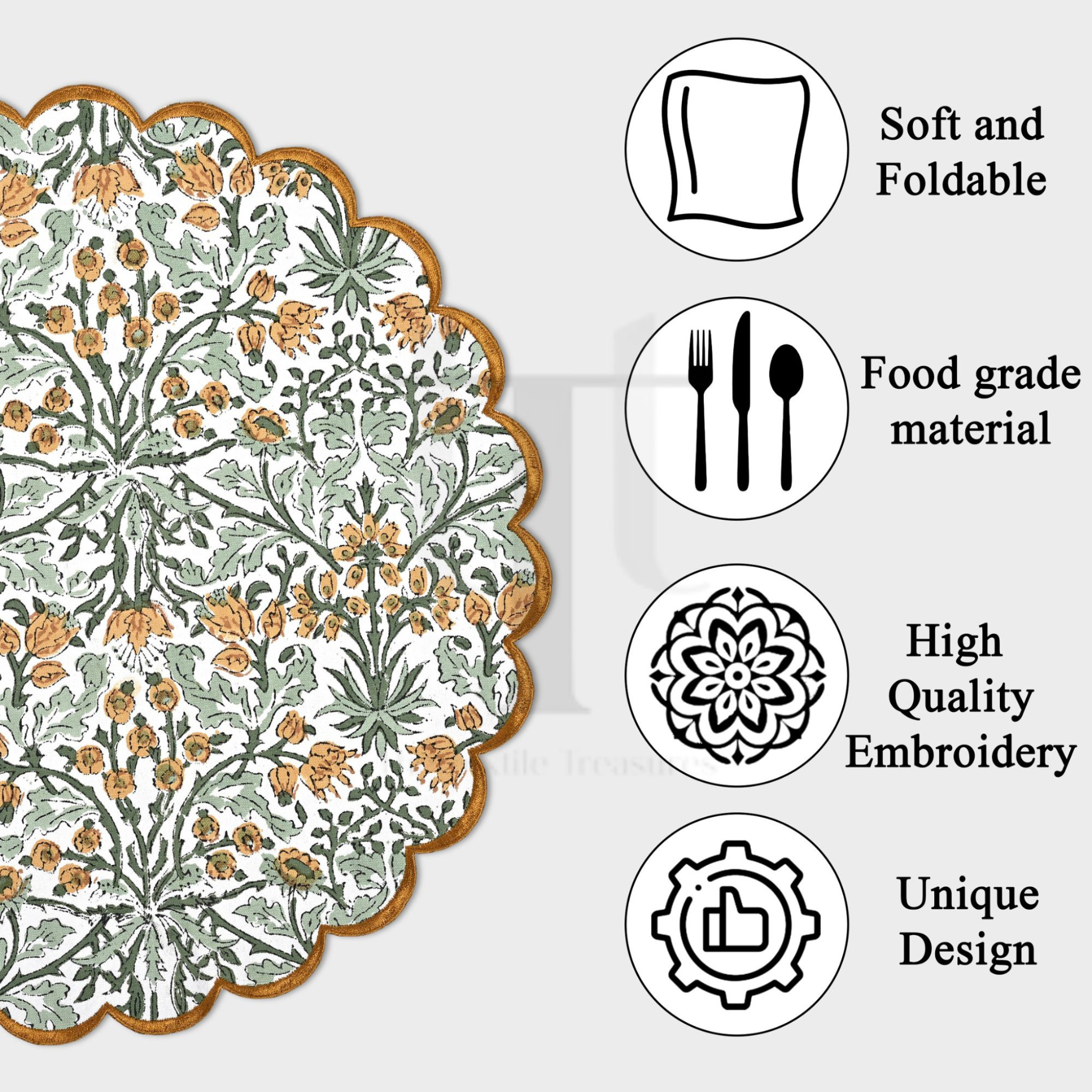 Decorative placemat with floral pattern and features listed on a white background