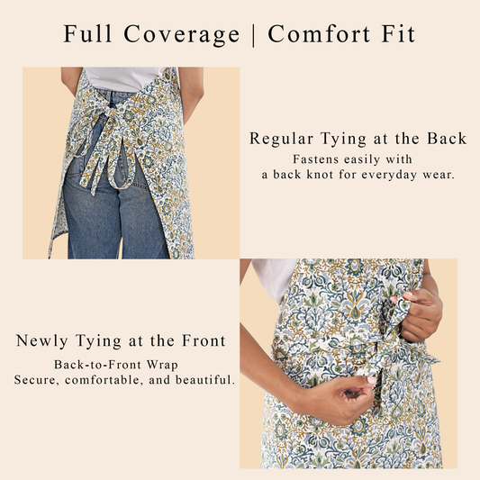 Floral wrap with text on full coverage and comfort fit features.