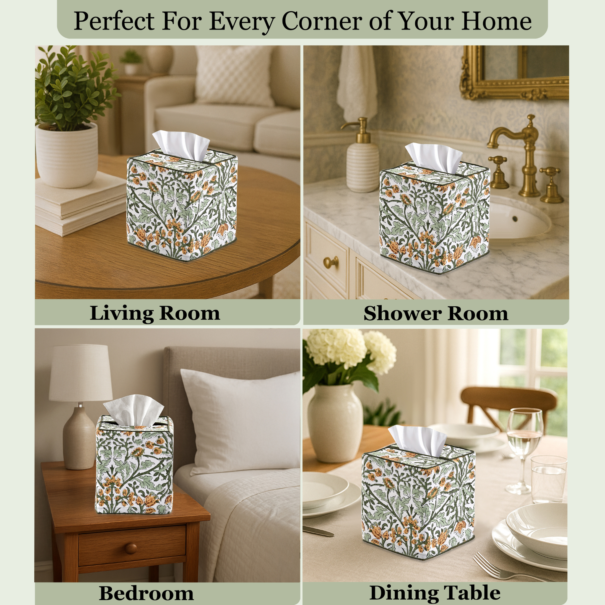 Floral-patterned tissue box used in various home settings including living room, shower room, bedroom, and dining table.