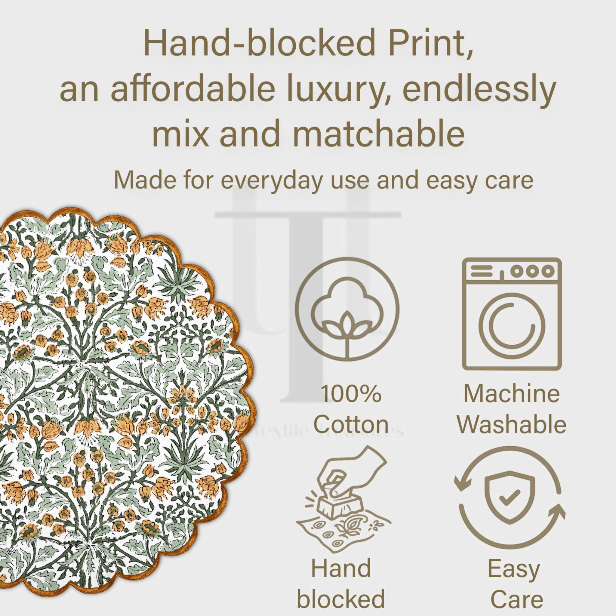 Product description with floral pattern, sustainability icons, and text on a light background