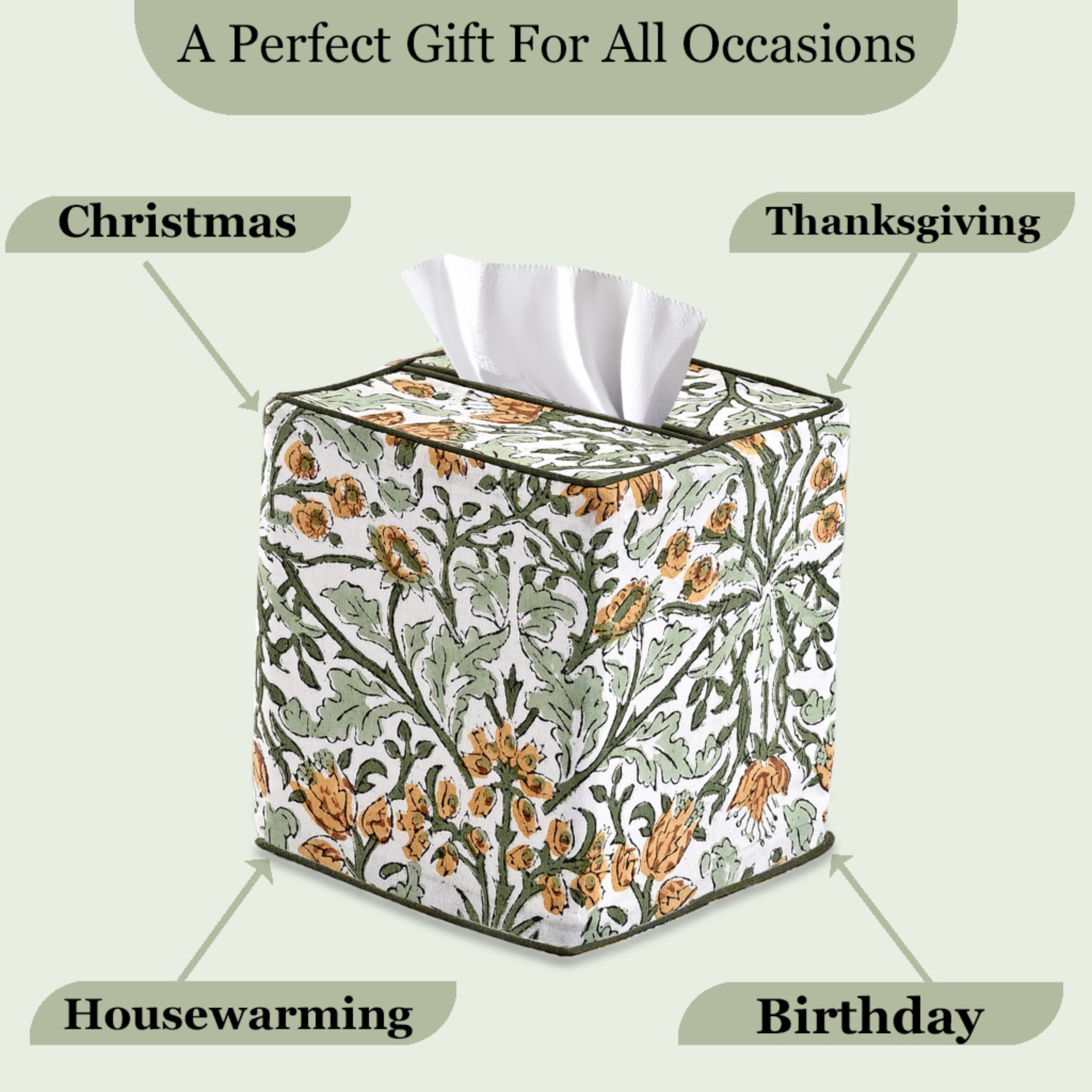 Floral-patterned tissue box cover with text indicating occasions like Christmas, Thanksgiving, Housewarming, and Birthday.