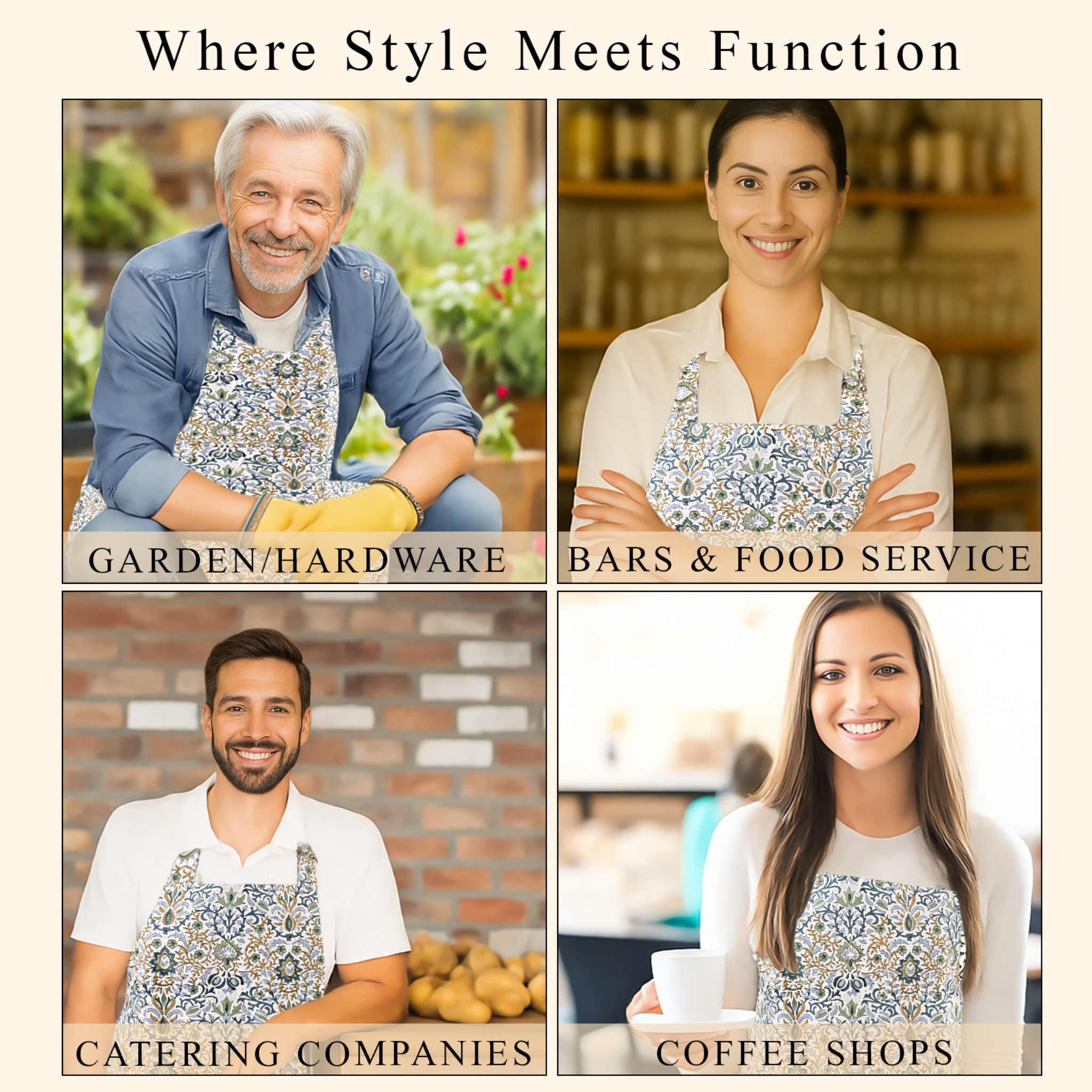 Collage of people wearing patterned aprons in various settings with text indicating use cases.