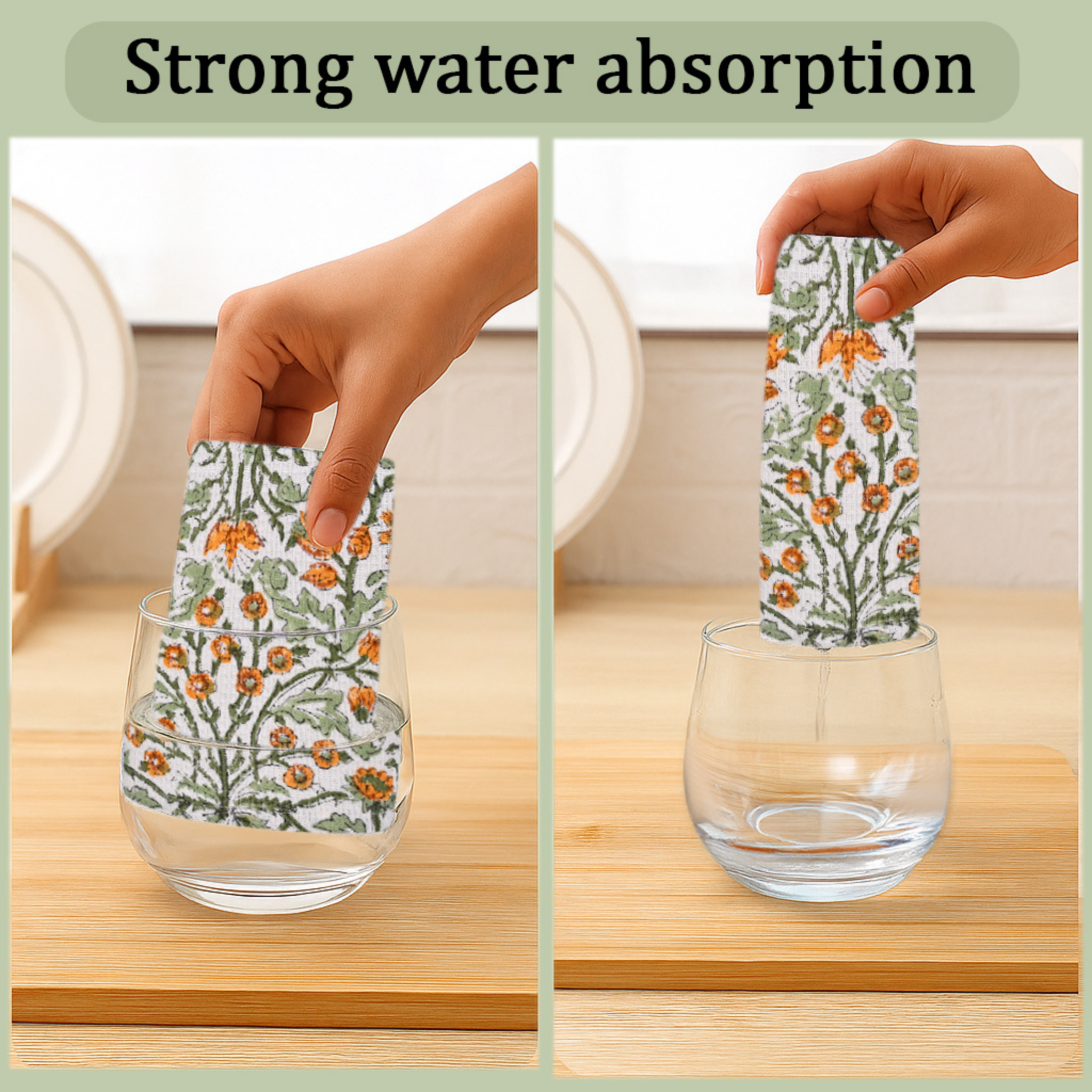 Glass with floral design being filled and emptied by a hand on a wooden surface.
