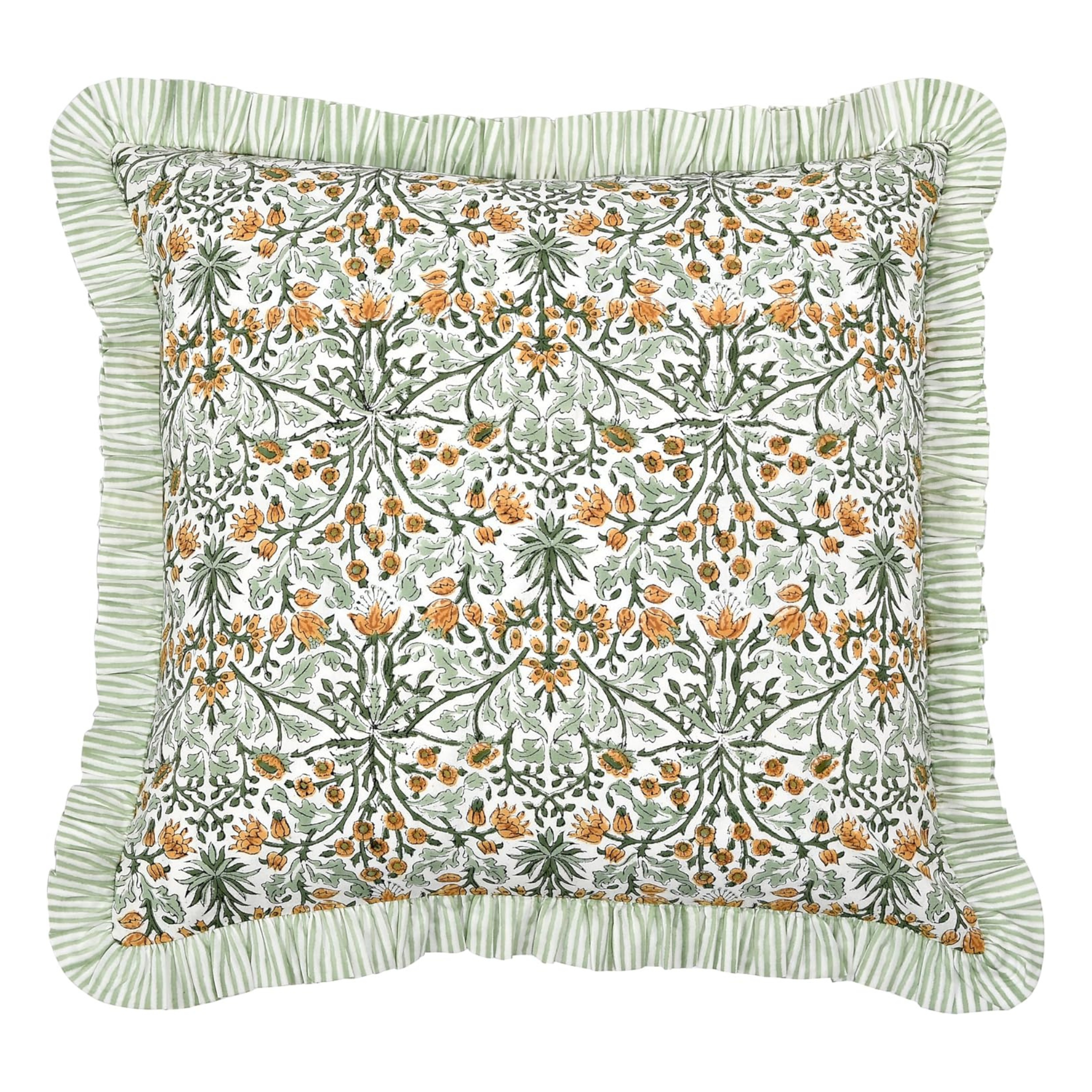 Decorative pillow with floral pattern and ruffled edges on a white background