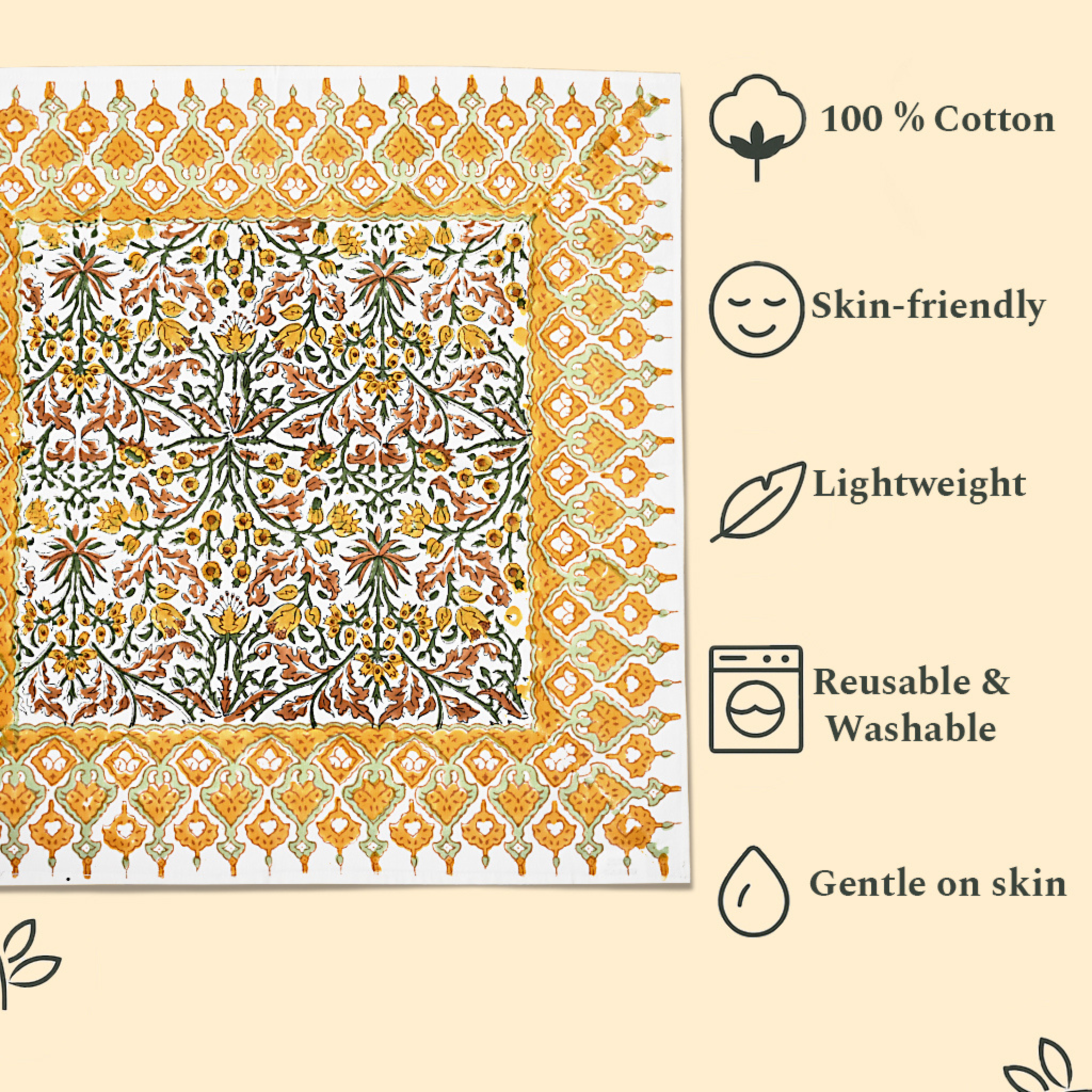Patterned fabric with text highlighting features like '100% Cotton', 'Skin-friendly', 'Lightweight', 'Reusable & Washable', and 'Gentle on skin'.
