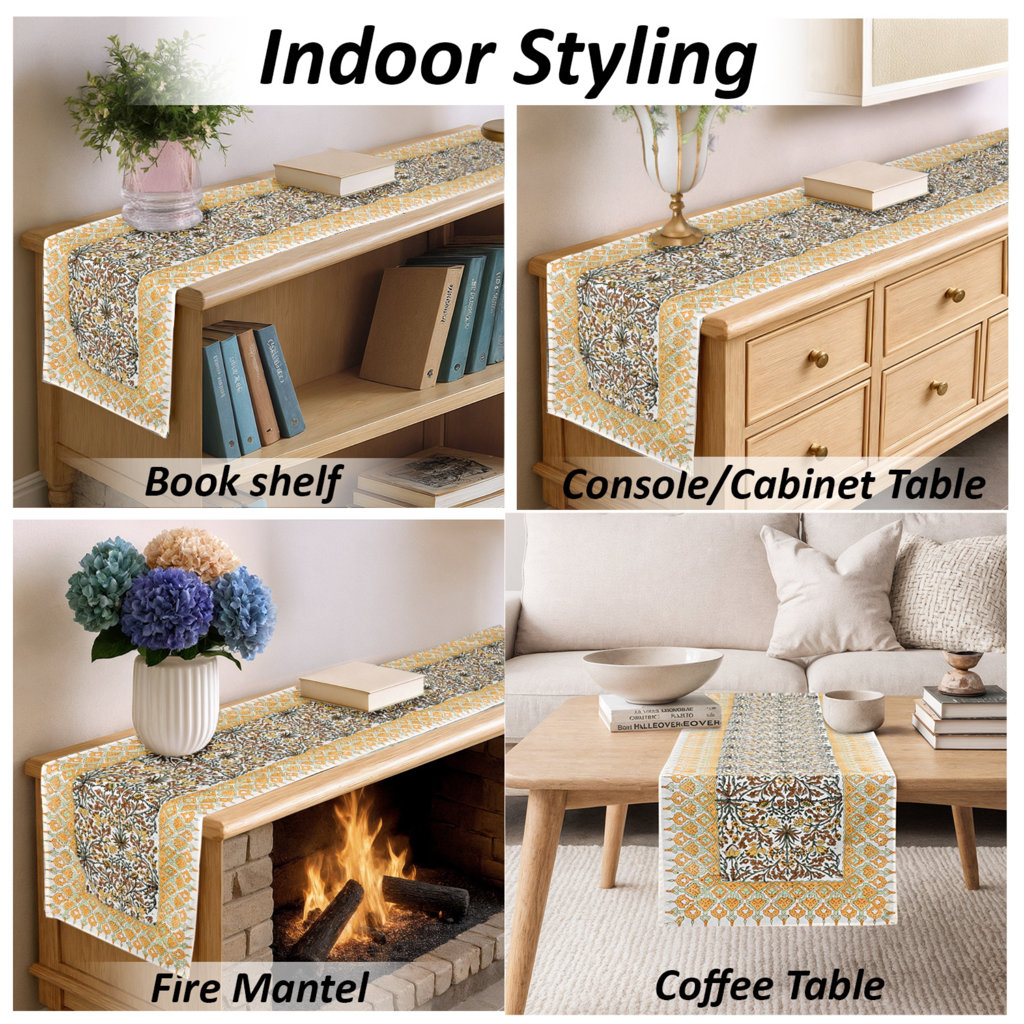 Decorative table runner shown on various furniture pieces with text 'Indoor Styling'.