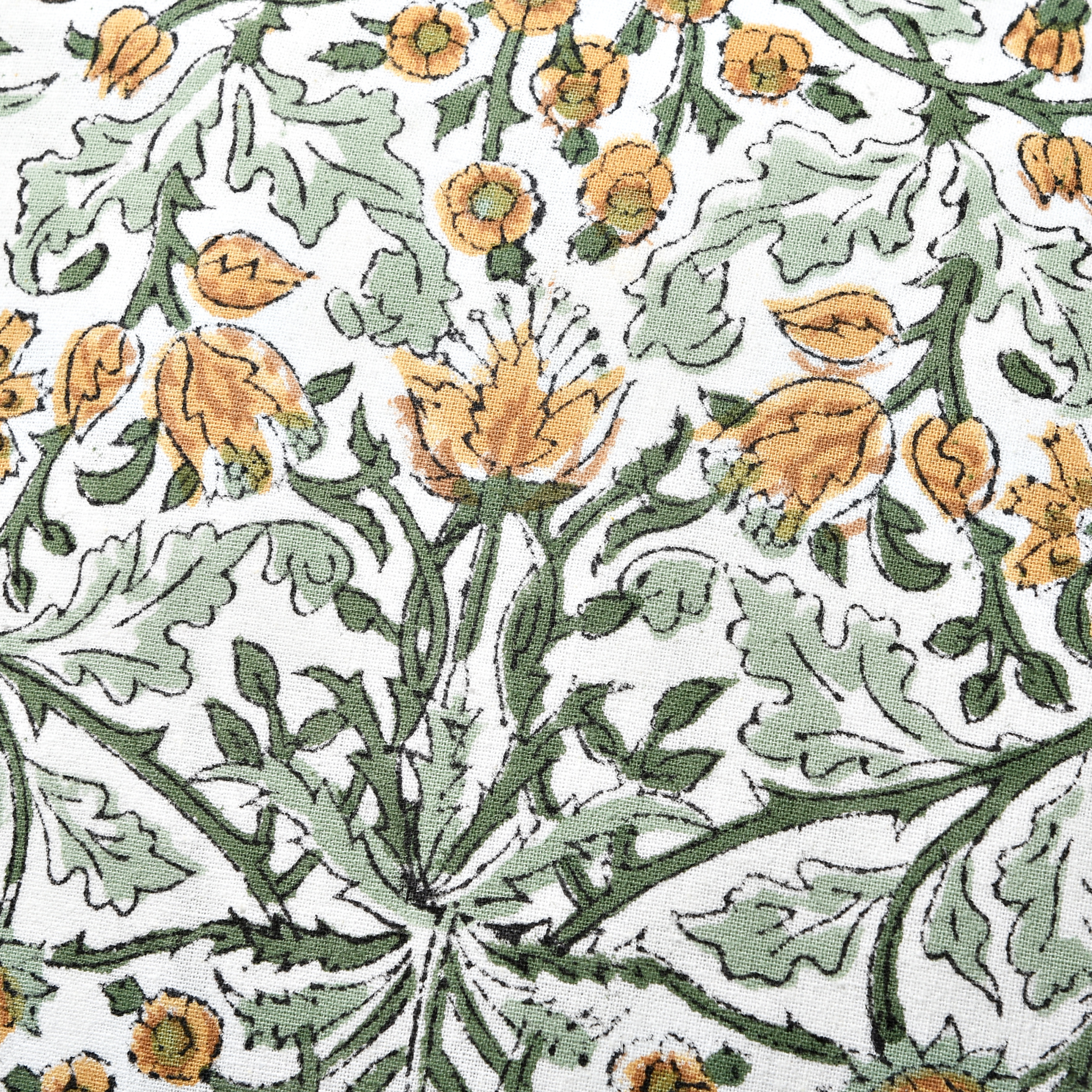 yellow floral Indian hand block print cotton fabric pattern close-up.