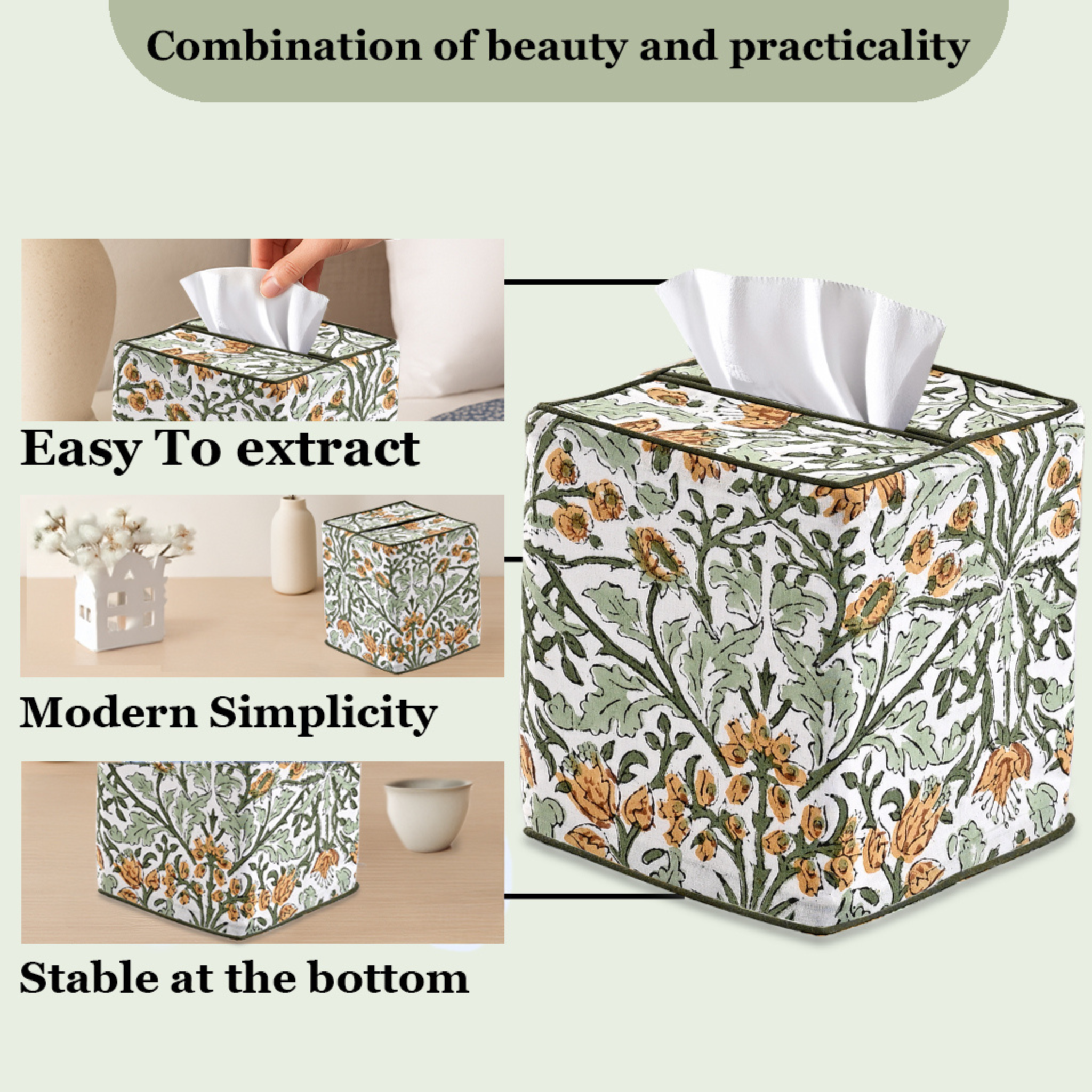 Floral-patterned tissue box cover with text highlighting features on a light background