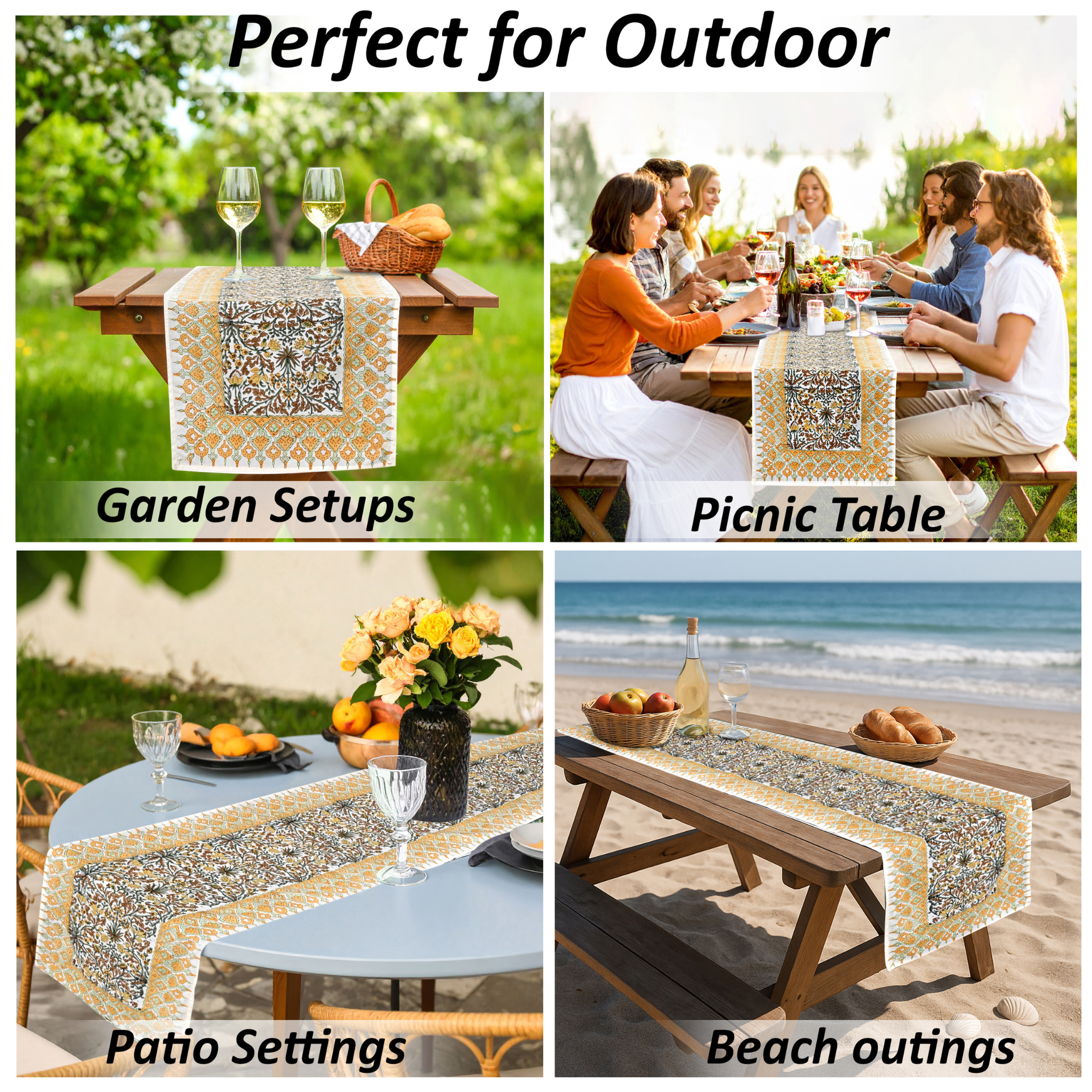 Table runner used in various outdoor settings including garden, picnic, patio, and beach.