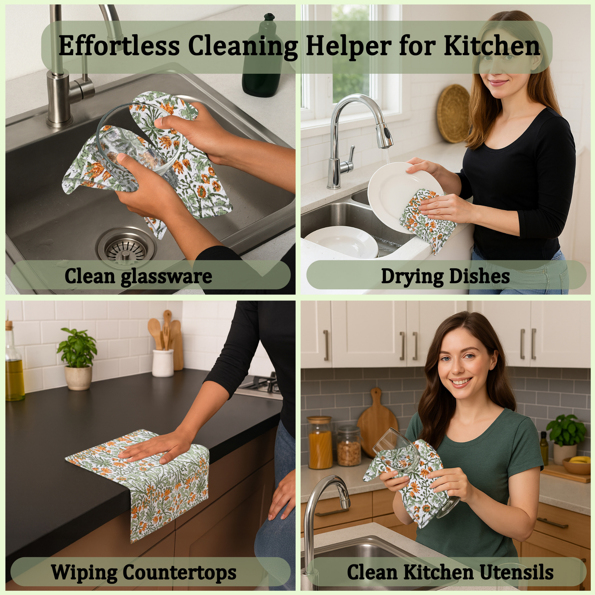Collage of a woman using a cleaning cloth in various kitchen scenarios with text overlay.