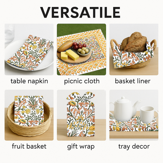 Versatile use of floral patterned table napkin, picnic cloth, basket liner, fruit basket, gift wrap, and tray decor.