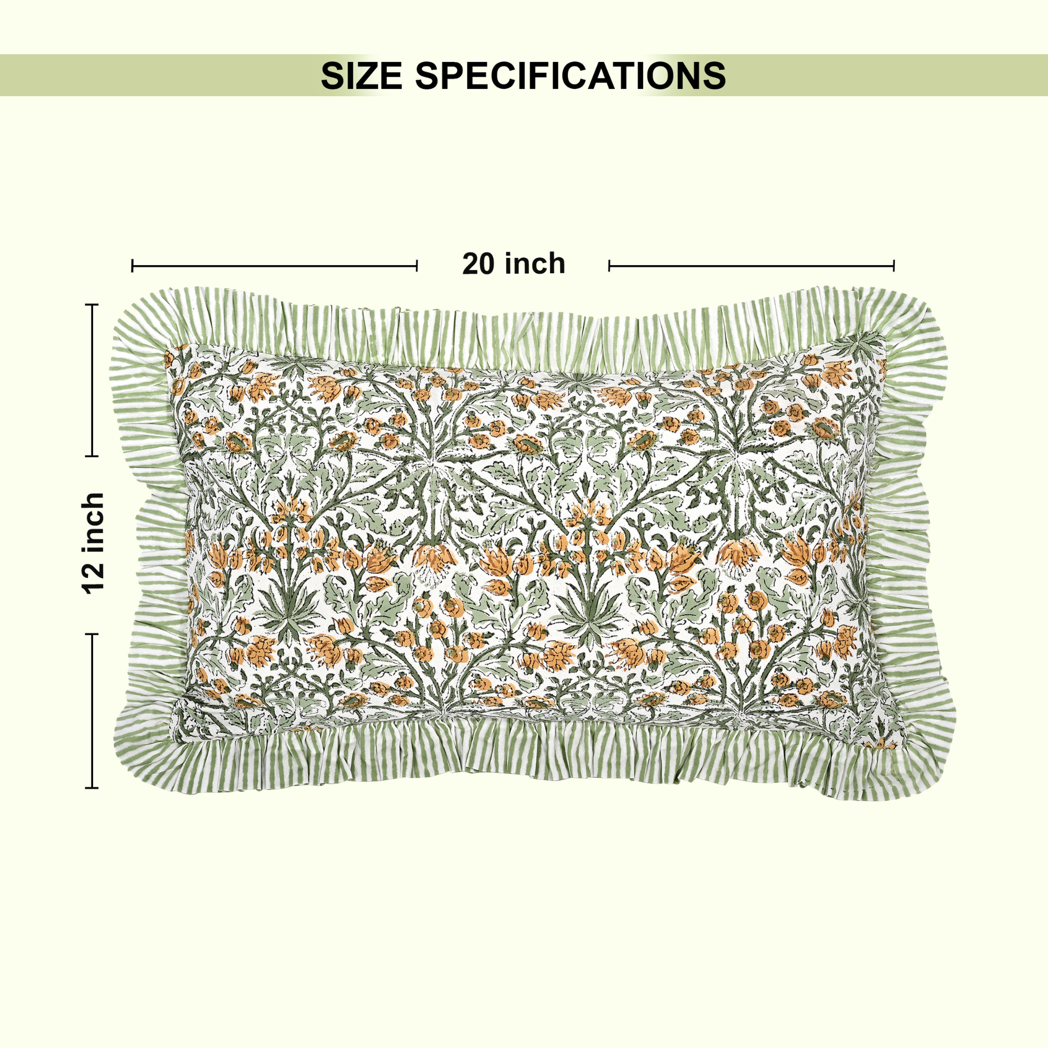 Decorative pillow with floral pattern and fringe, shown with size specifications on a white background.