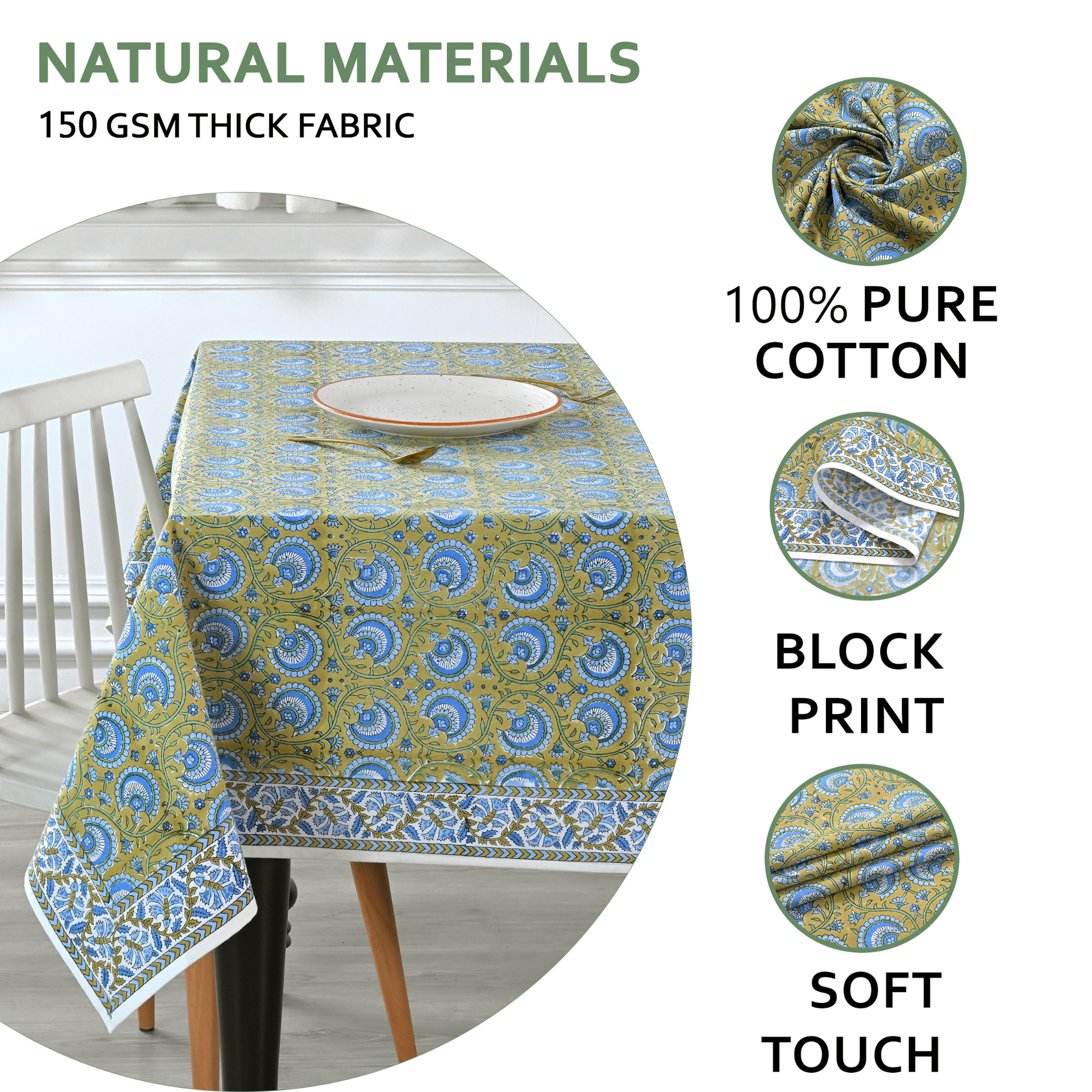 Tablecloth with block print design on a table, featuring natural materials and pure cotton details.