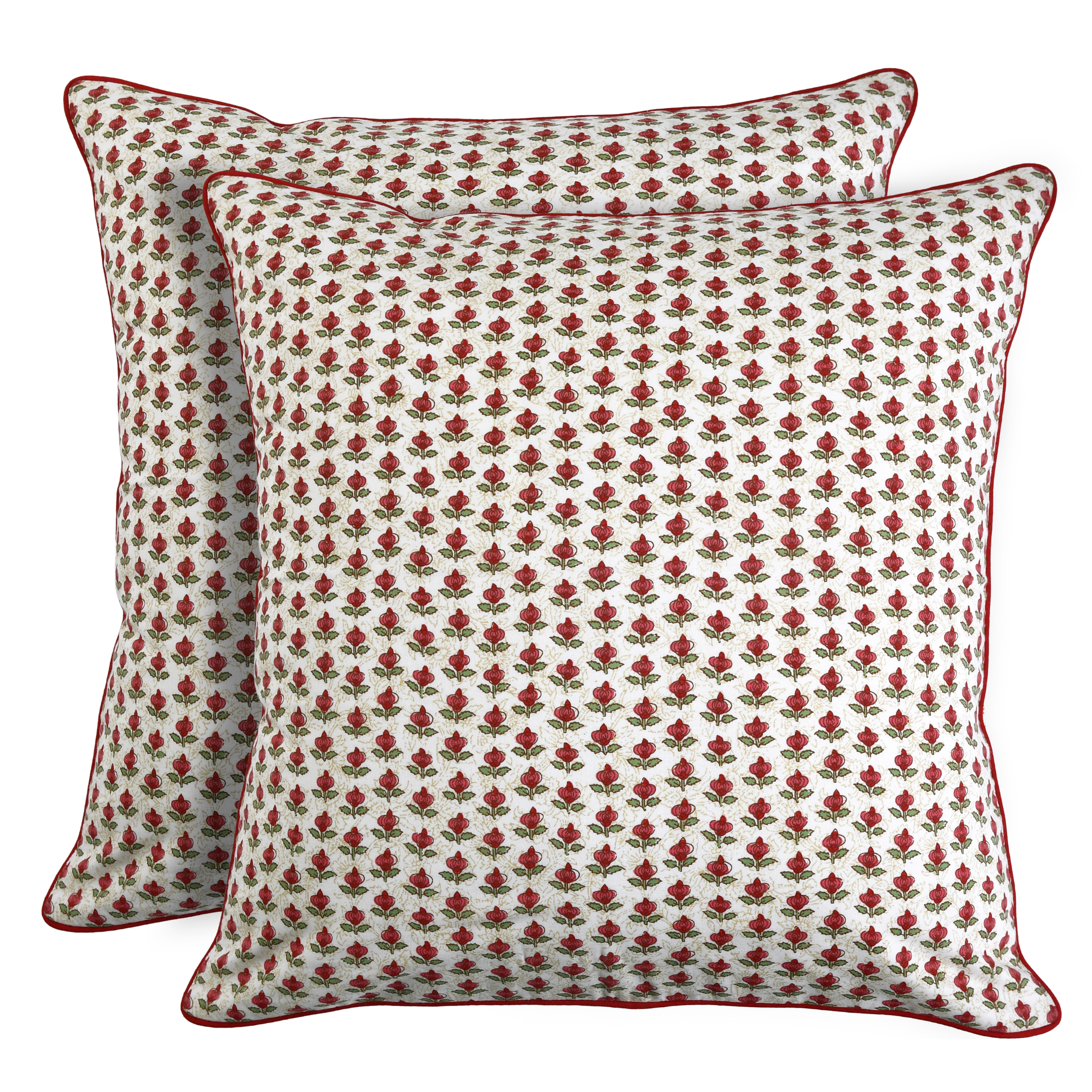 Two red and white patterned pillows on a white background
