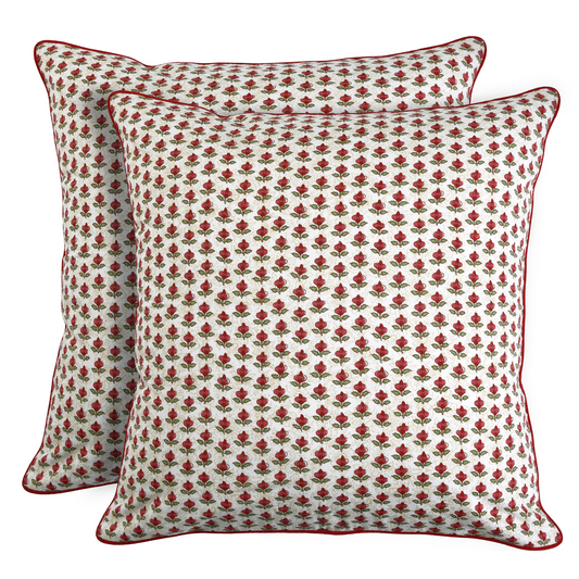 Two red and white patterned pillows on a white background