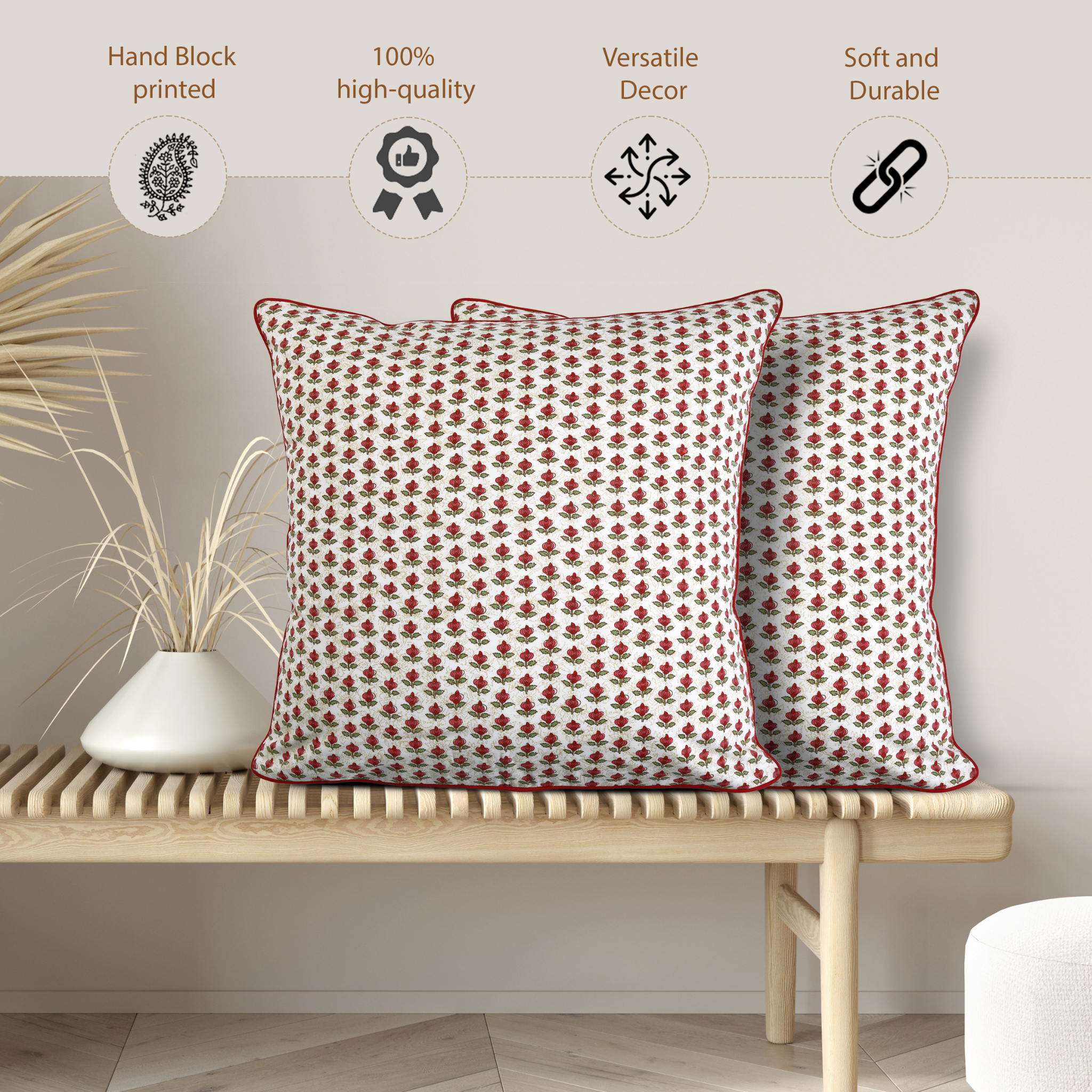 Two patterned pillows on a wooden bench with decorative elements and text about product features.