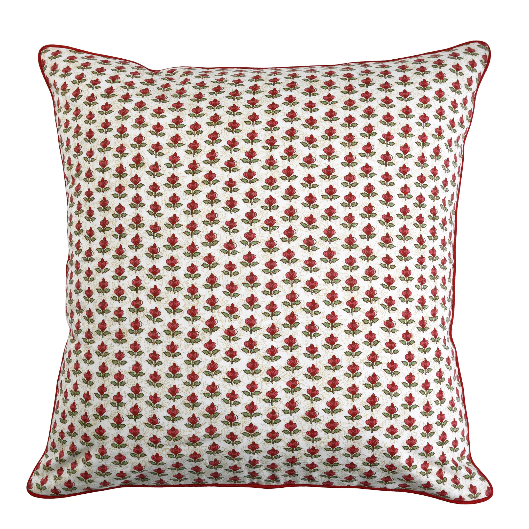 Decorative pillow with red floral pattern on a white background