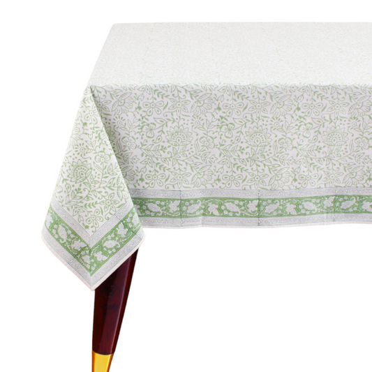 Tablecloth with green floral pattern on a white background