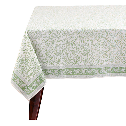 Tablecloth with green floral pattern on a white background