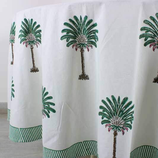 White curtain with green palm tree patterns