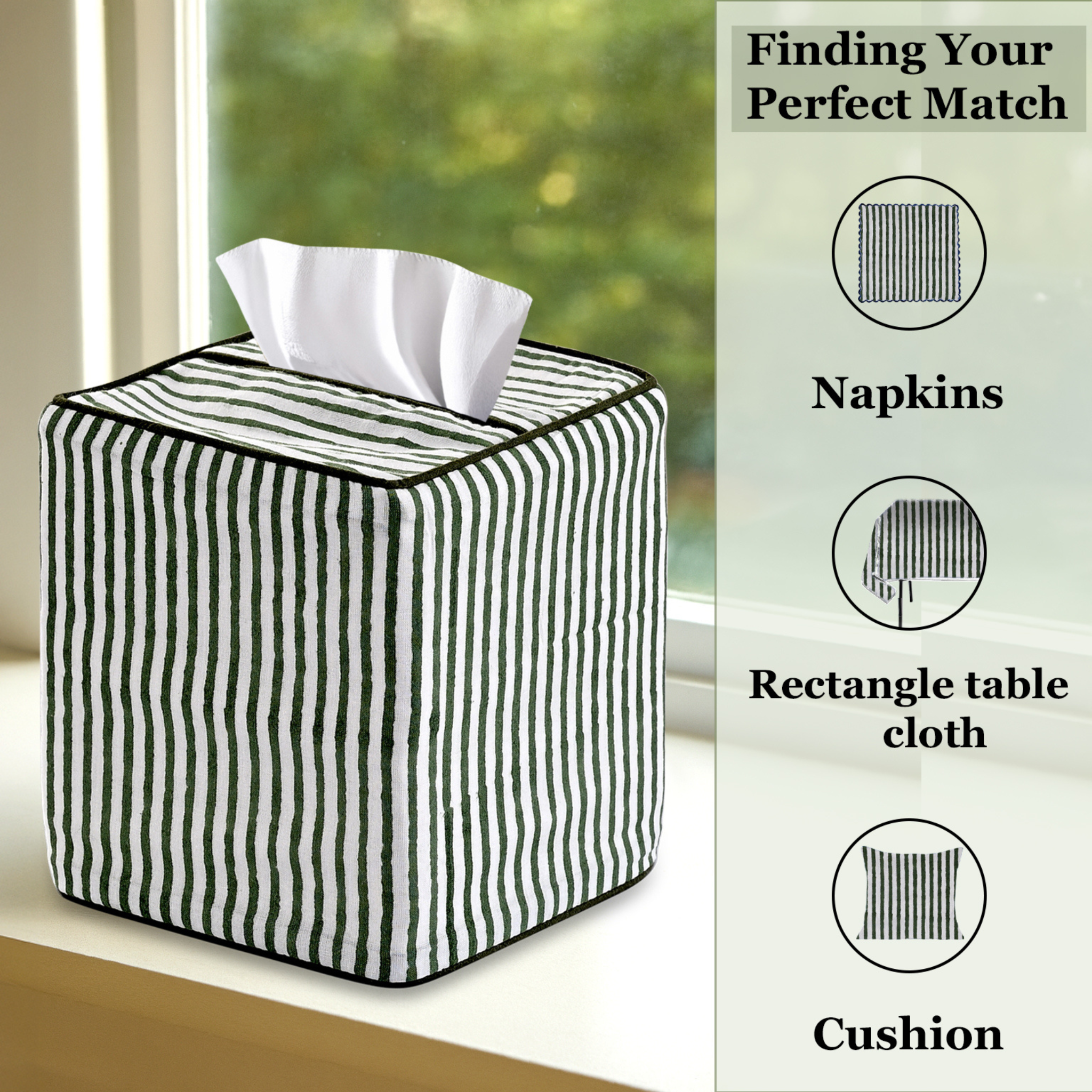 Black and white striped tissue box cover on a windowsill with text about product matches.